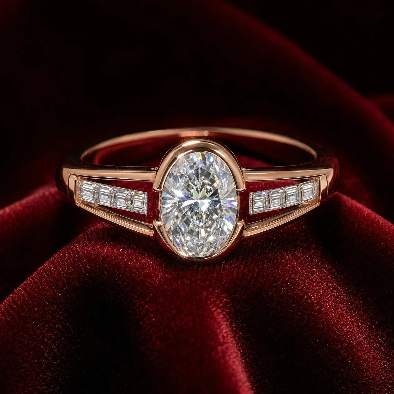 Grazia Lumineuse, 1.37 ct tw oval lab grown diamond ring in rose gold (front view)