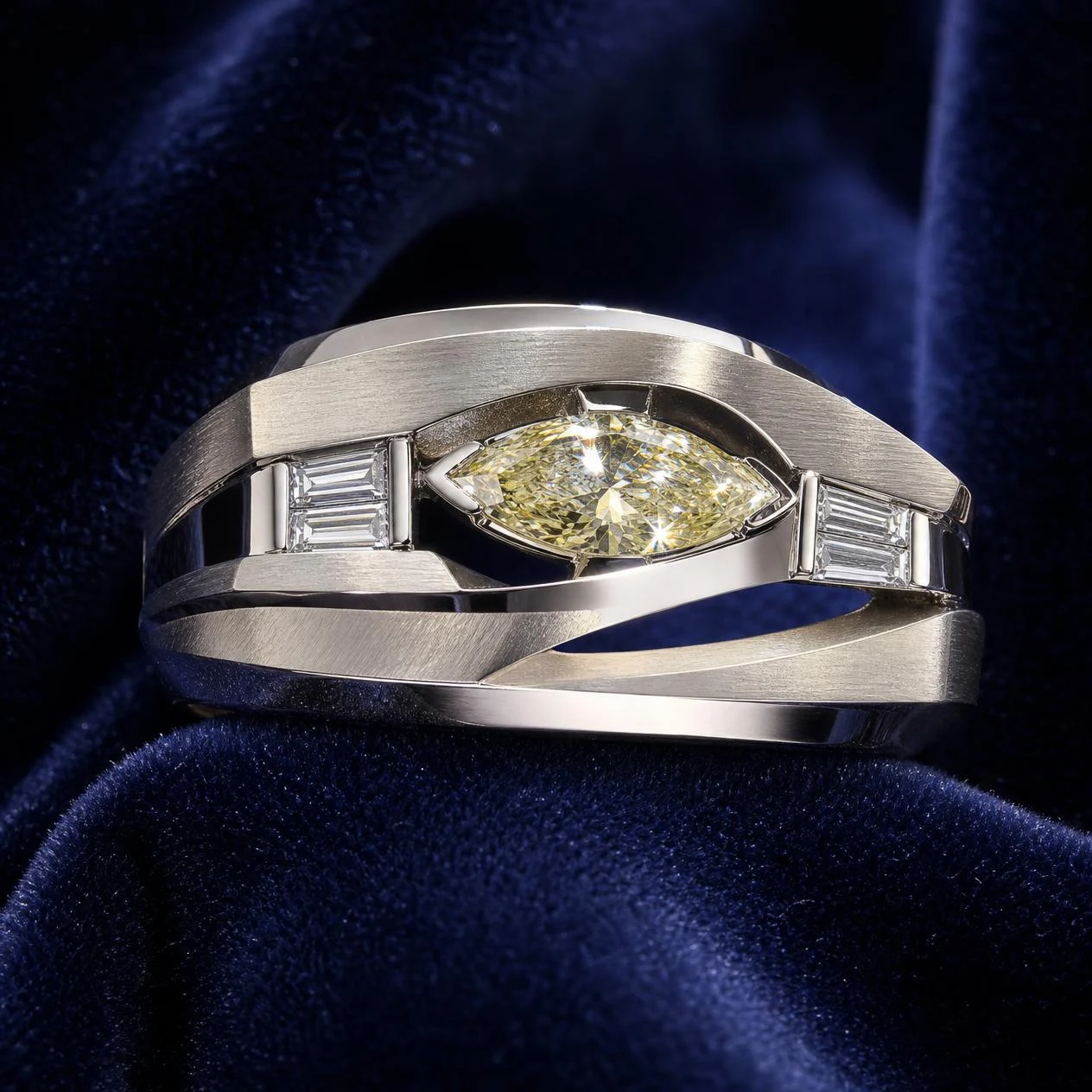 Vessillo di Mezzanotte, 1.1 ct tw marquise lab grown diamond men’s ring in 14K white gold (front view)