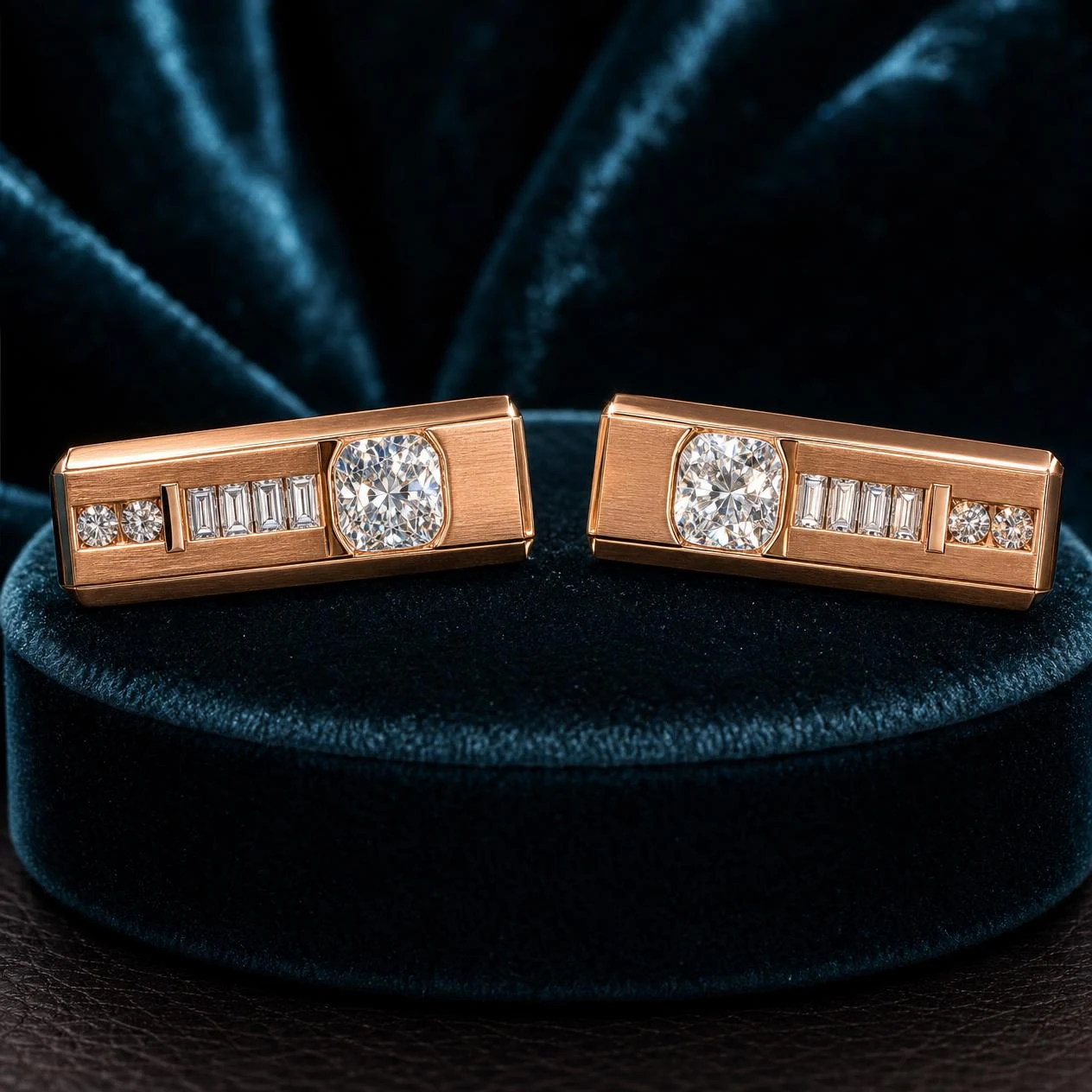 Marmo Fiero, 1.4 ct tw cushion lab grown diamond men’s earrings in rose gold (front view)