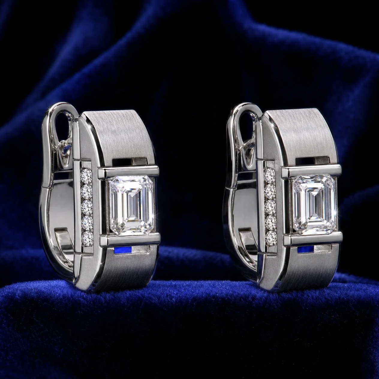 Gladiatore Audace, 2.46 ct tw emerald lab grown diamond men’s earrings in 14K white gold (front view)