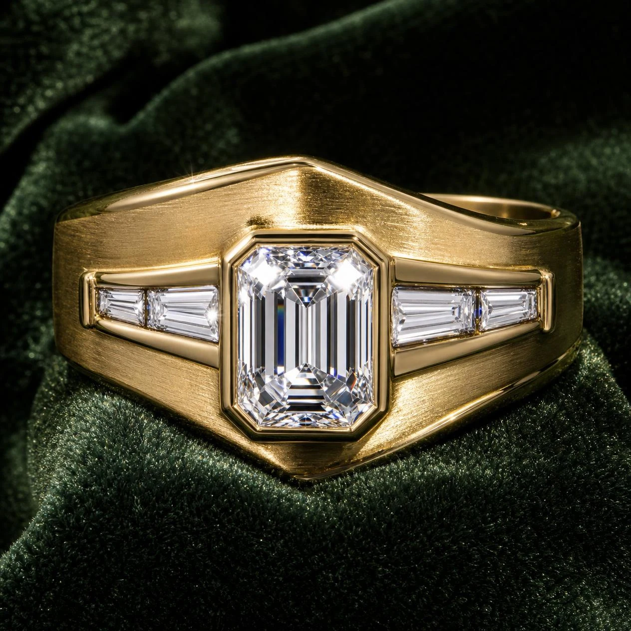 Ponente Reale, 1.25 ct tw emerald lab grown diamond men’s ring in 14K yellow gold (front view)