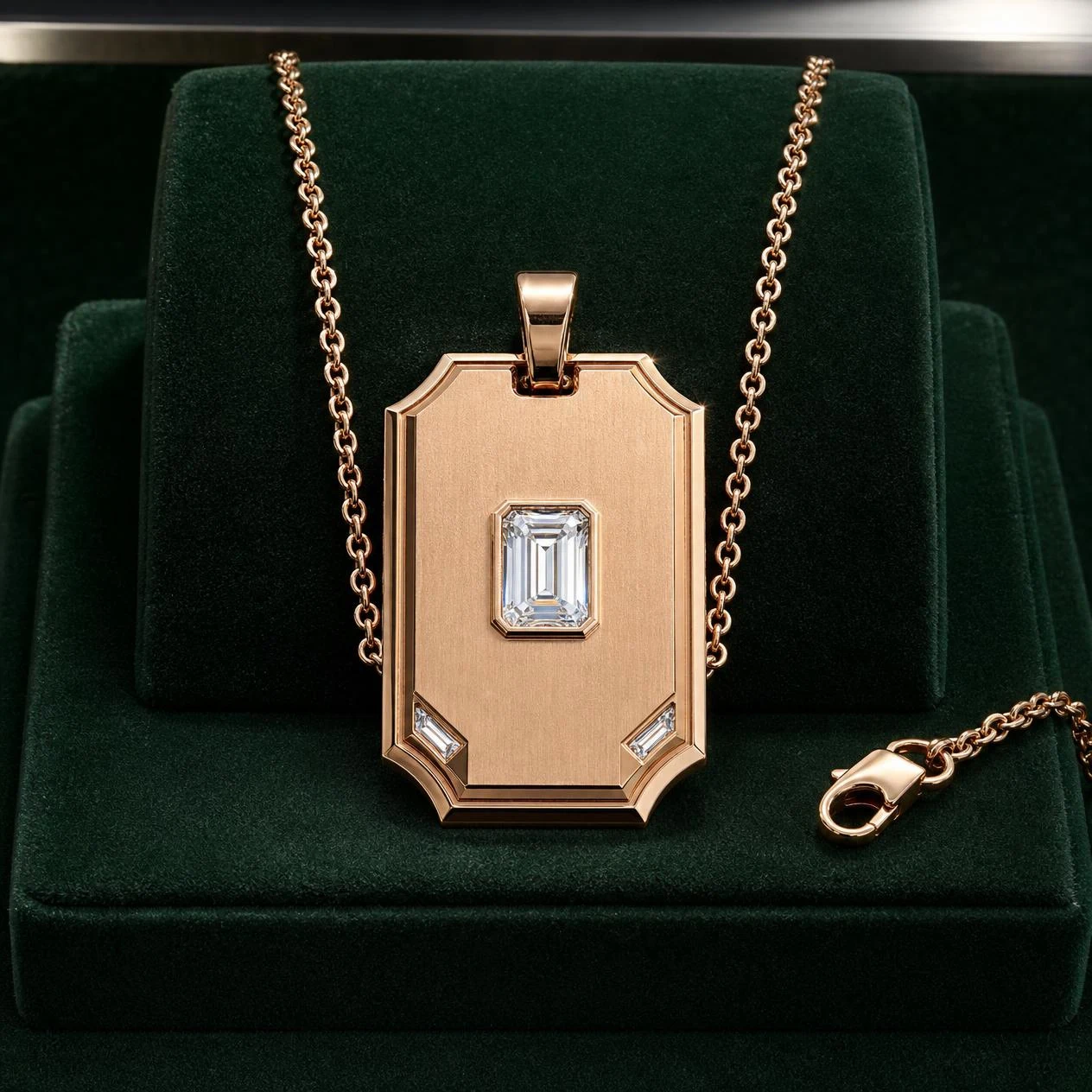 Pellegrino di Granito, 0.65 ct tw emerald lab grown diamond men’s necklace in rose gold (front view)