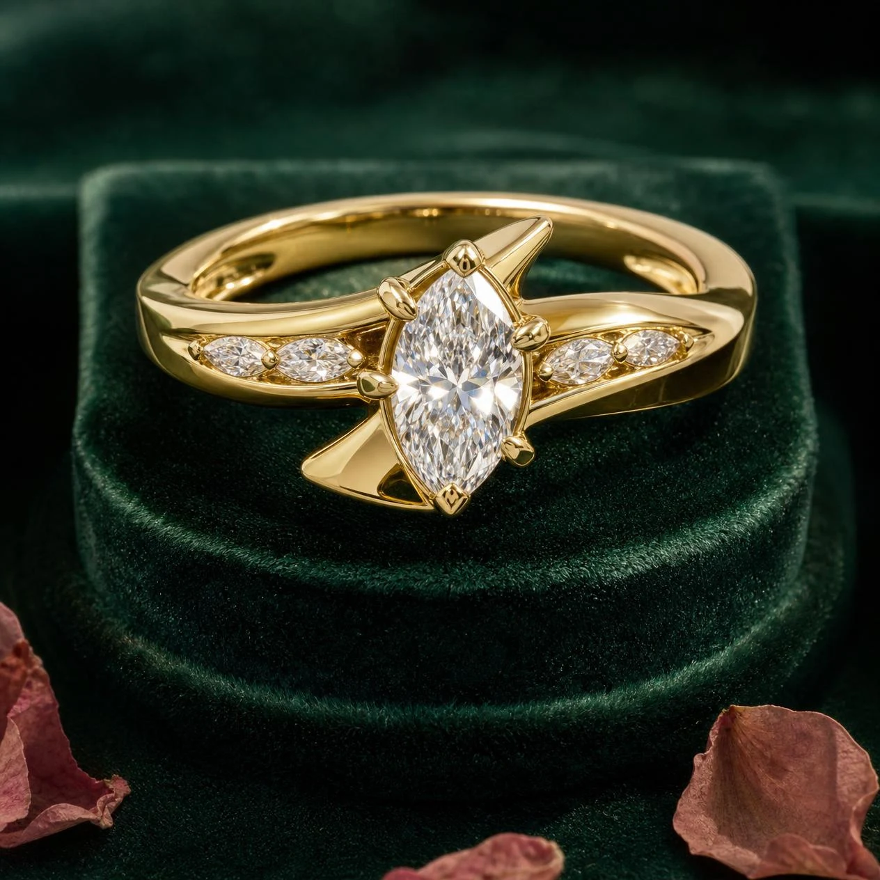 Vela Lieve, 0.98 ct tw marquise lab grown diamond ring in 14K yellow gold (front view)