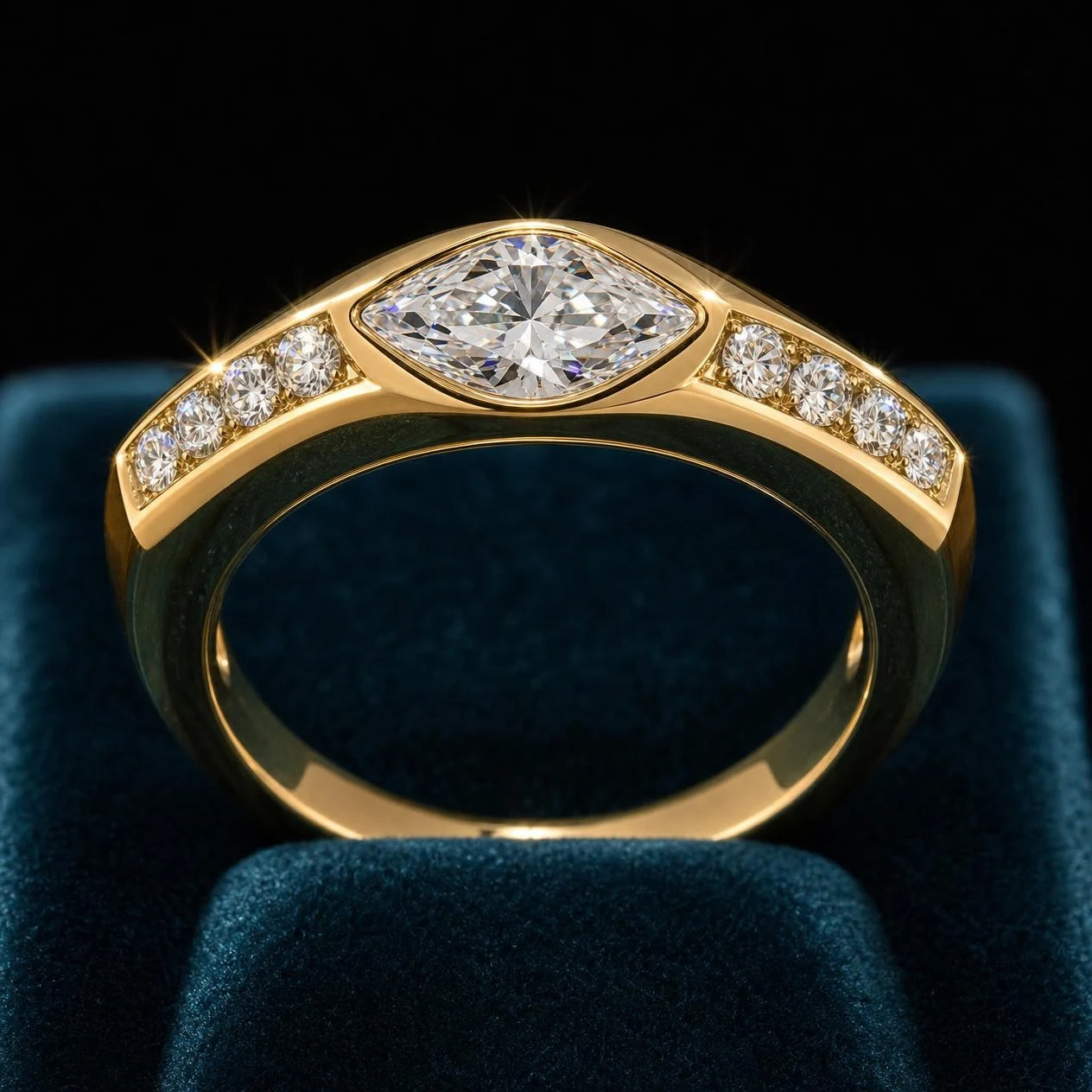 Aria Lucente, 1.01 ct tw marquise lab grown diamond ring in 14K yellow gold (front view)