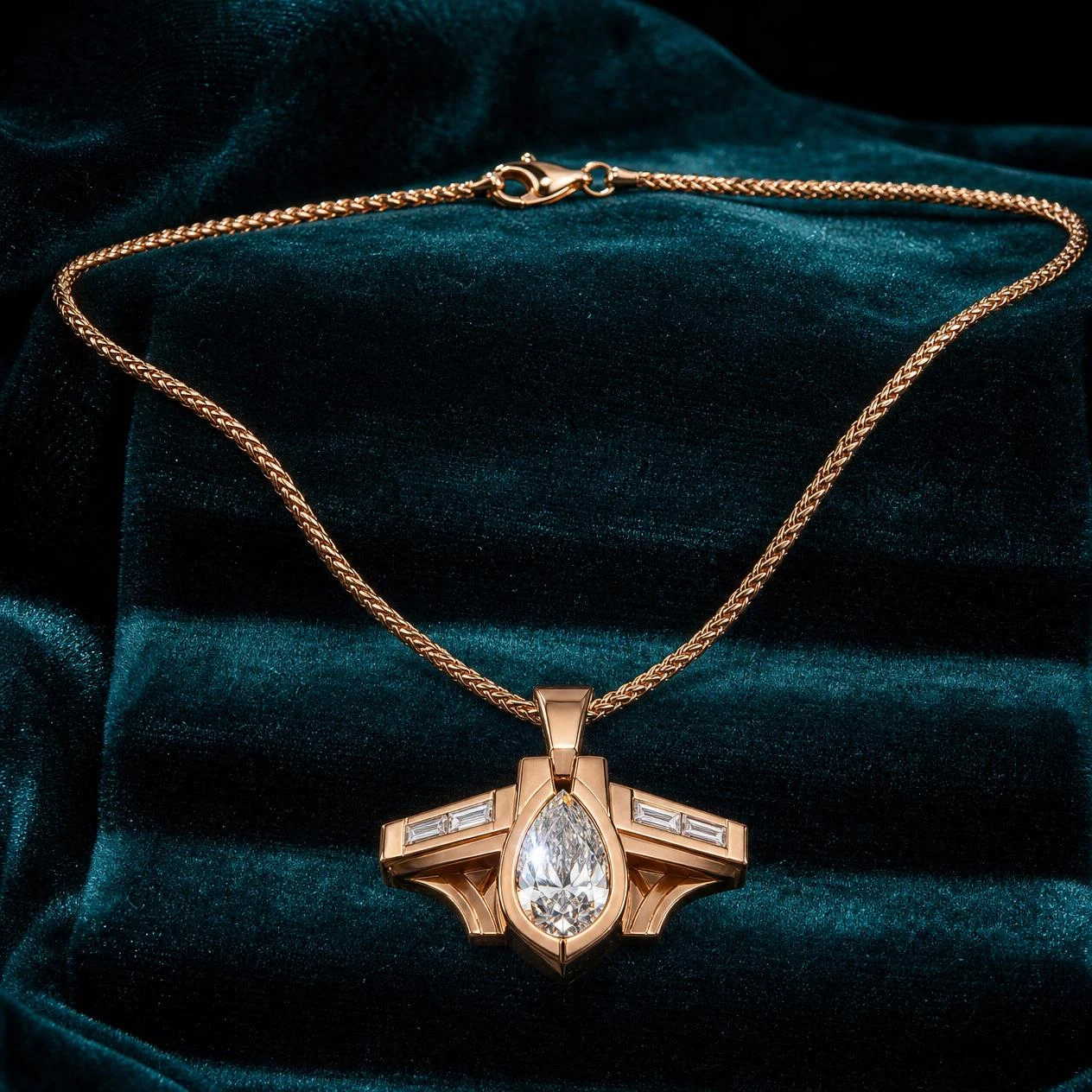 Arciere di Venezia, 1.36 ct tw pear lab grown diamond men’s necklace in rose gold (front view)