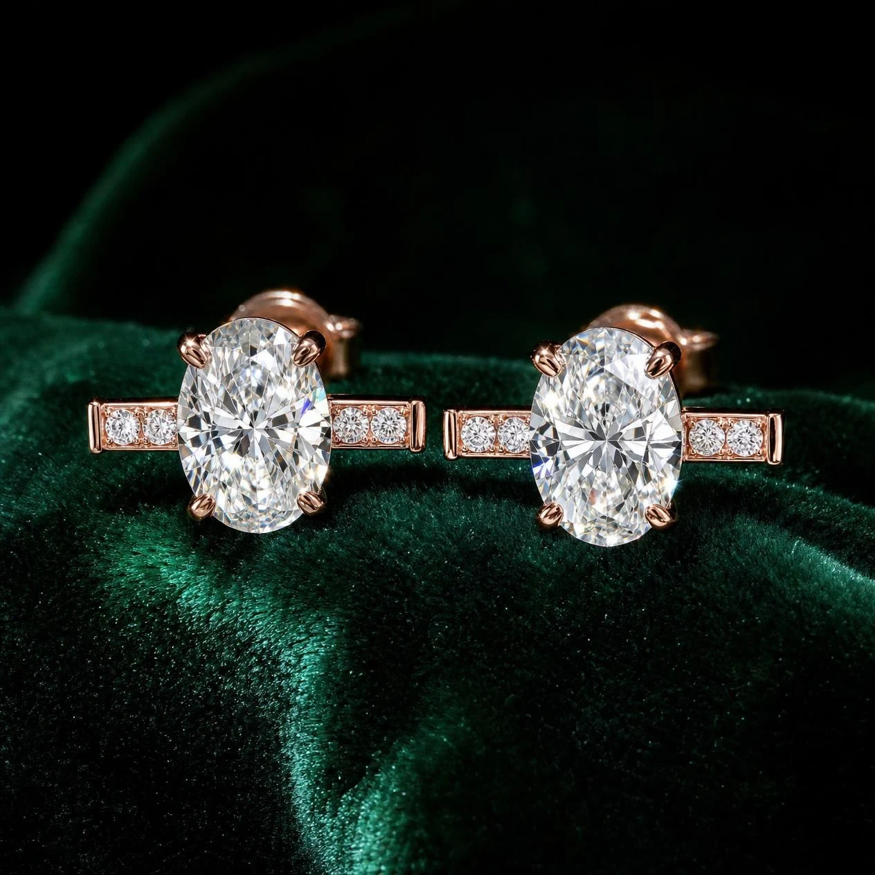 Plume Regale, 1.74 ct tw oval lab grown diamond earrings in rose gold (front view)