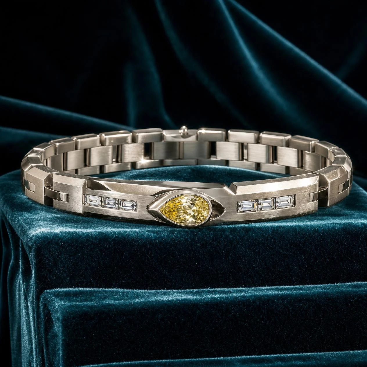 Ferro Indomito, 1.14 ct tw pear lab grown diamond men’s bracelet in 14K white gold (front view)