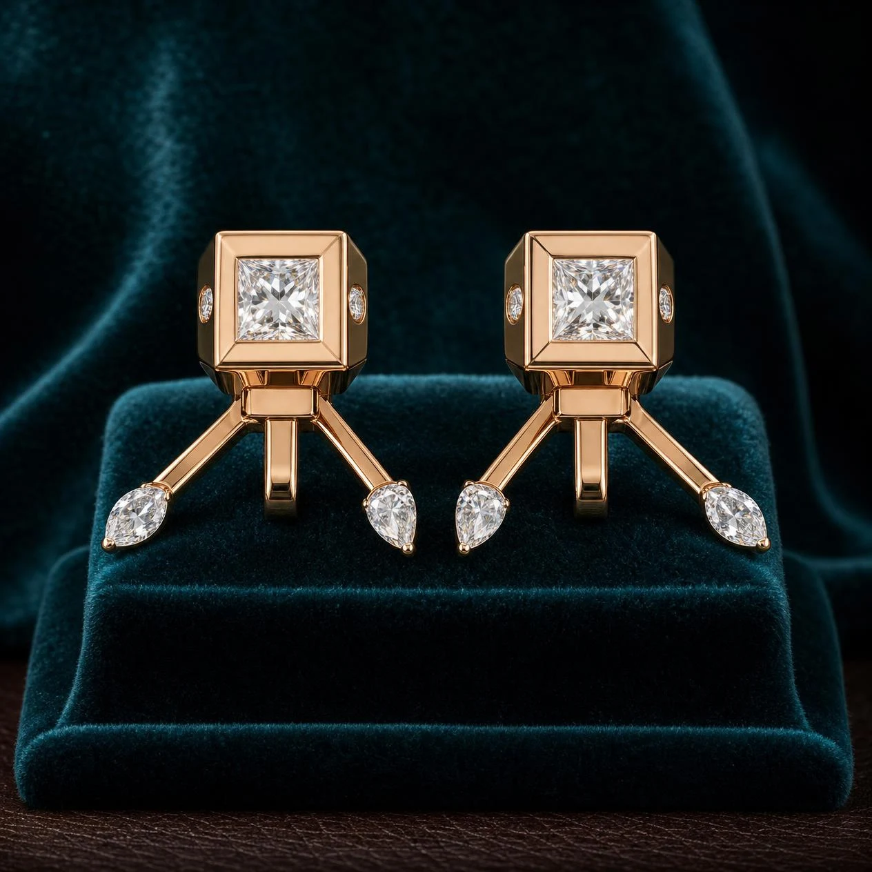Principe Saldo, 1.6 ct tw princess lab grown diamond men’s earrings in rose gold (front view)