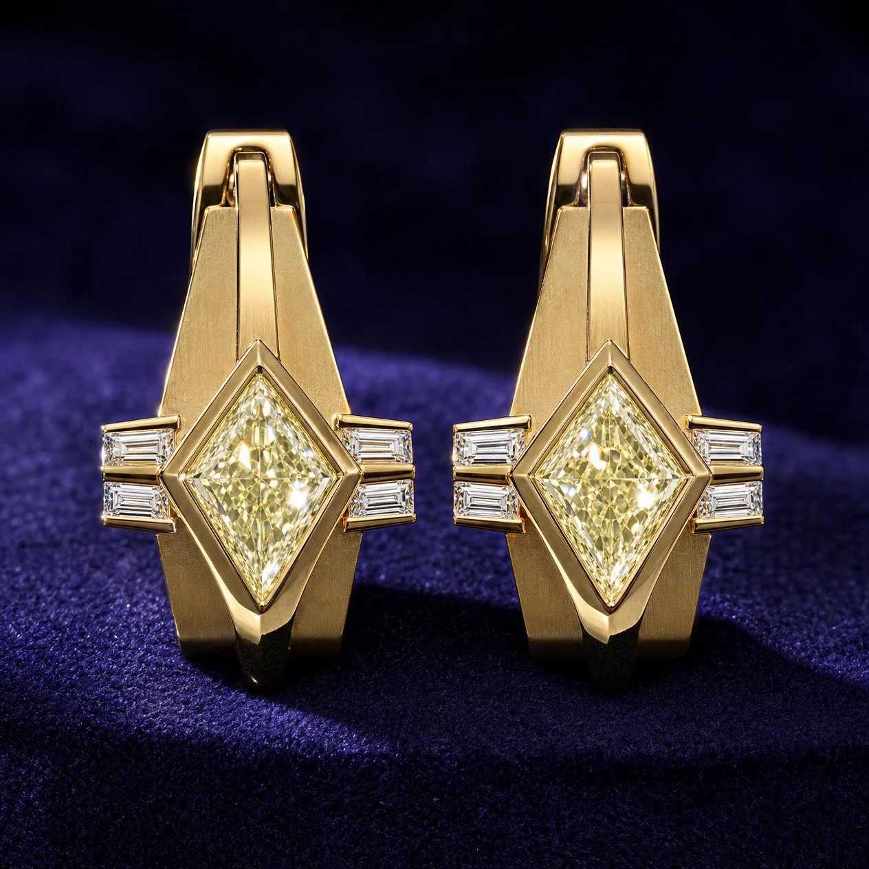Levante Profondo, 2.3 ct tw kite lab grown diamond men’s earrings in 14K yellow gold (front view)