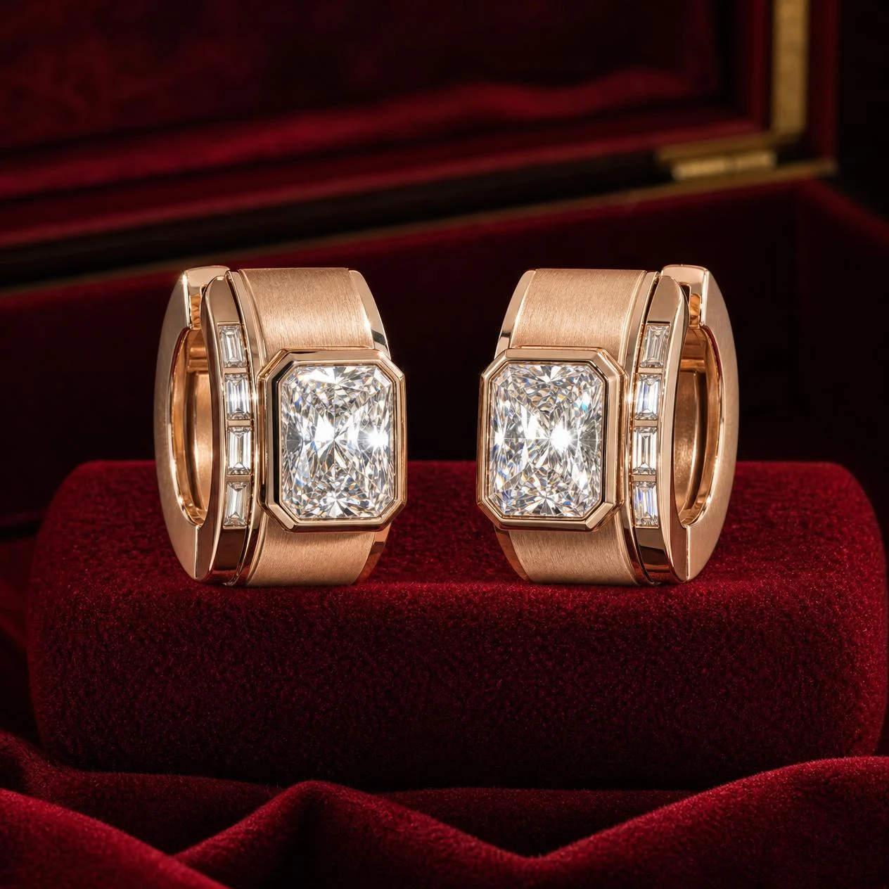 Ammiraglio di Firenze, 1.92 ct tw radiant lab grown diamond men’s earrings in rose gold (front view)