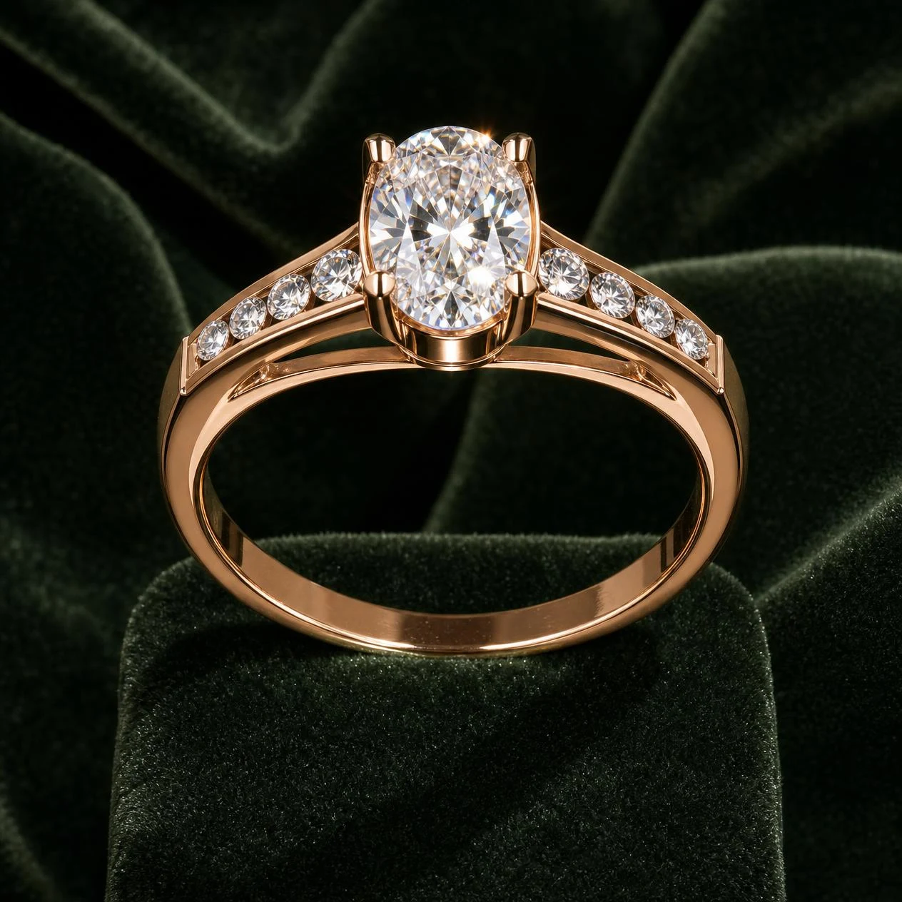 Aria Infinie, 1.36 ct tw oval lab grown diamond ring in rose gold (front view)
