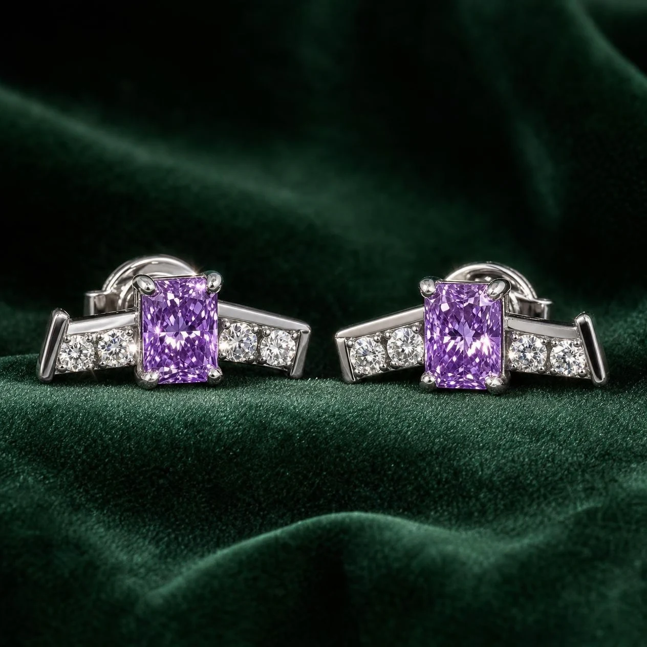 Huella del Silencio, 1.36 ct tw radiant lab grown diamond earrings in 14K white gold (front view)