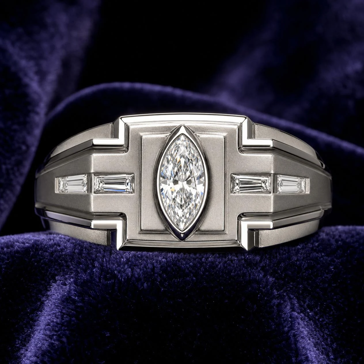 Faro Solenne, 0.88 ct tw marquise lab grown diamond men’s ring in 14K white gold (front view)
