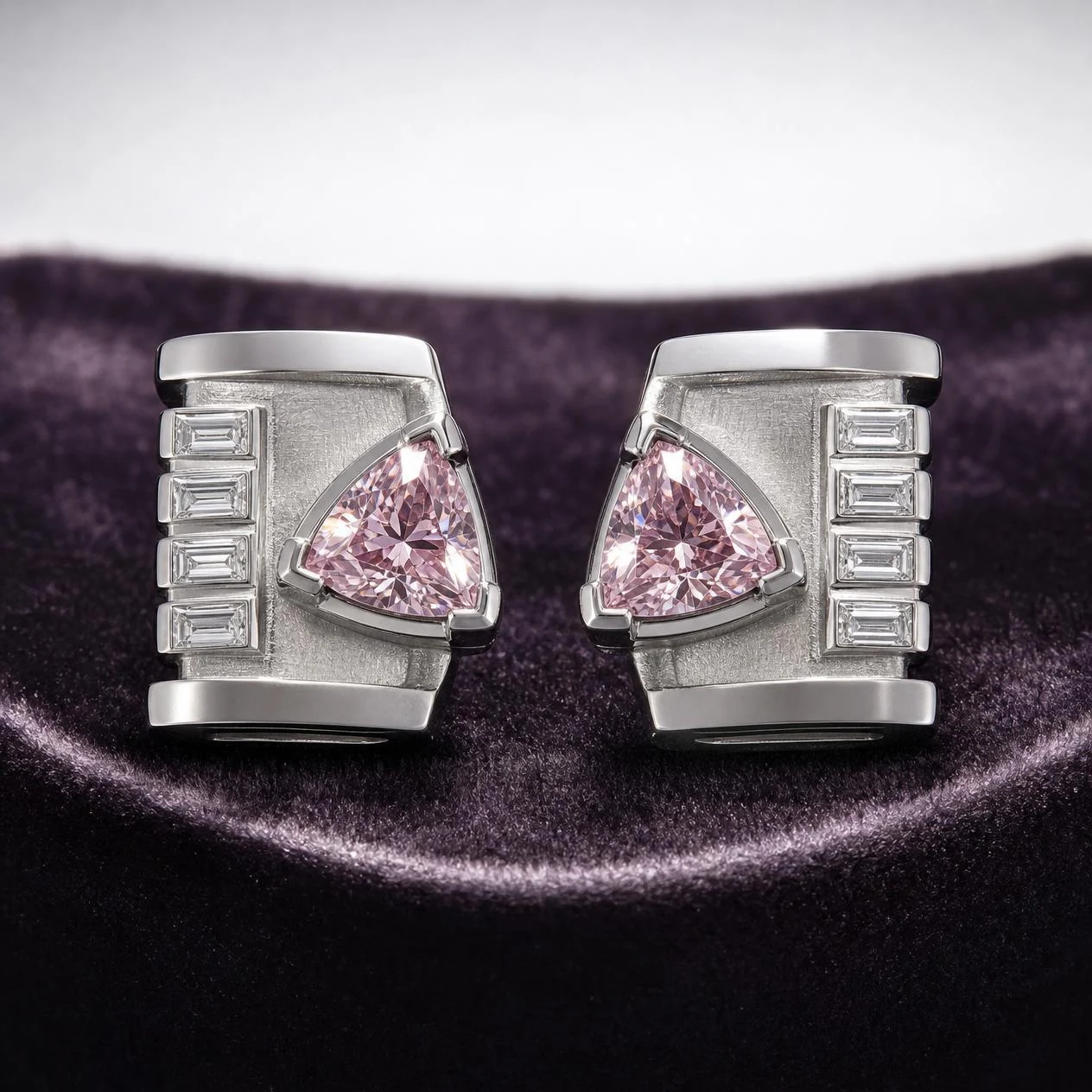 Arciere d'Oriente, 2.6 ct tw trillion lab grown diamond men’s earrings in 14K white gold (front view)