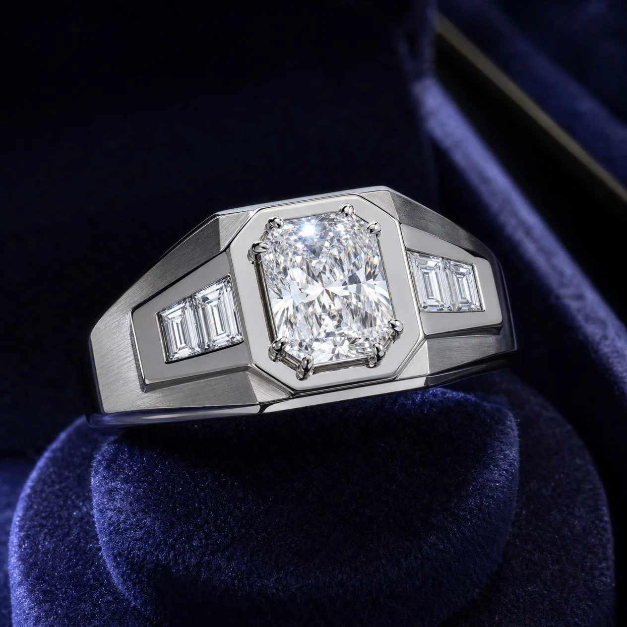 Capitano Saldo, 1.3 ct tw radiant lab grown diamond men’s ring in 14K white gold (front view)