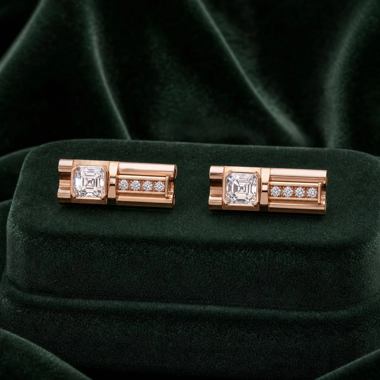 Levante Solenne, 1.44 ct tw asscher lab grown diamond men’s earrings in rose gold (front view)