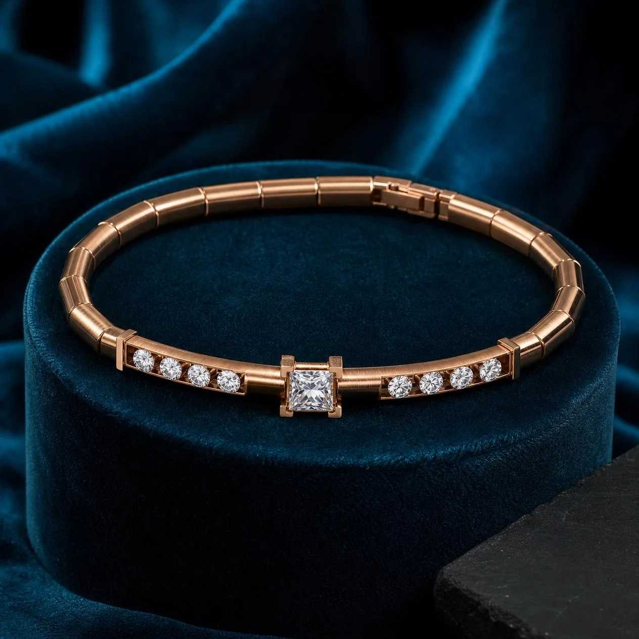 Vulcano di Marmo, 1 ct tw princess lab grown diamond men’s bracelet in rose gold (front view)