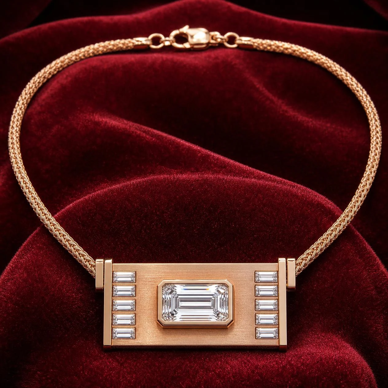 Tribuno Fermo, 1.17 ct tw emerald lab grown diamond men’s necklace in rose gold (front view)