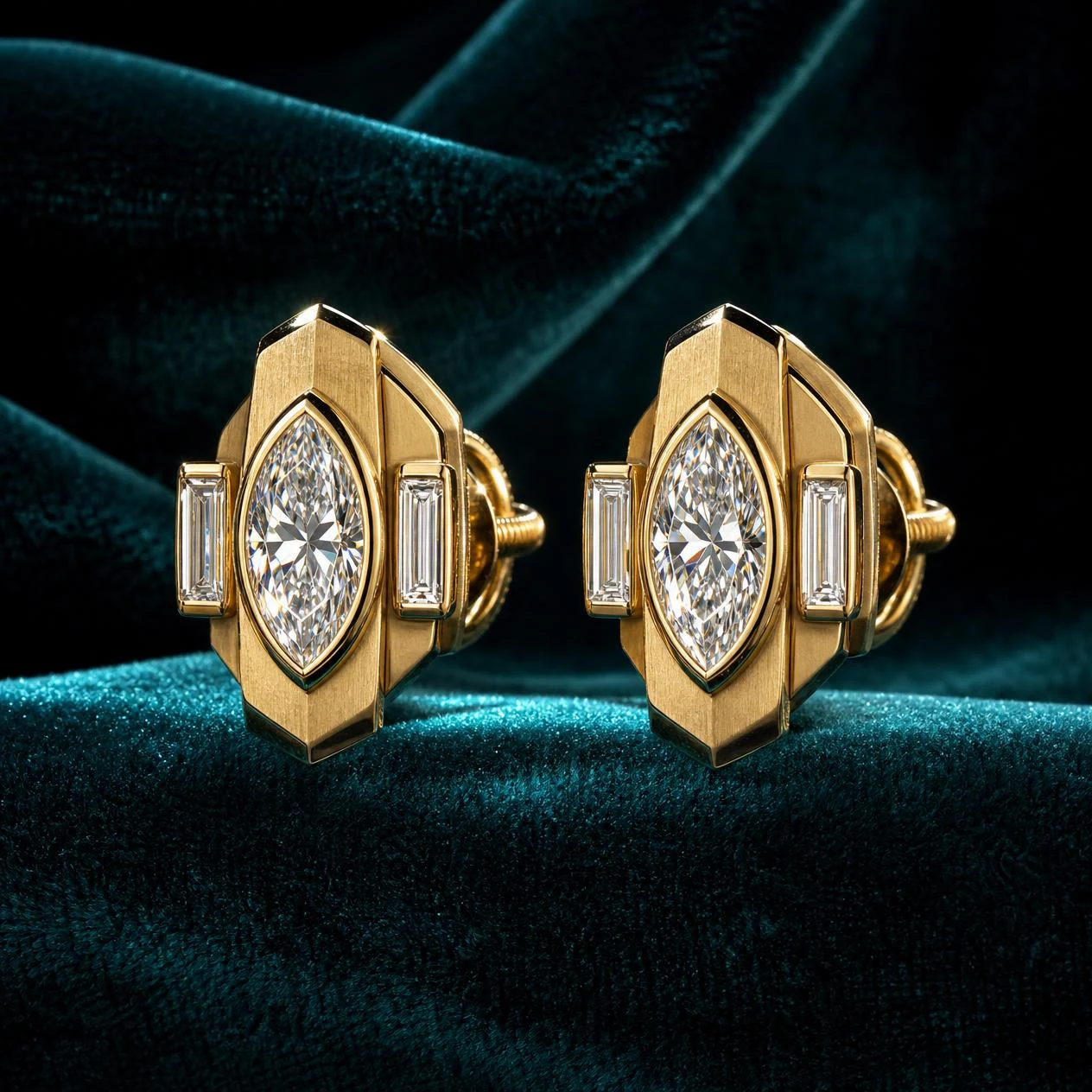 Navigatore Solenne, 2.16 ct tw marquise lab grown diamond men’s earrings in 14K yellow gold (front view)