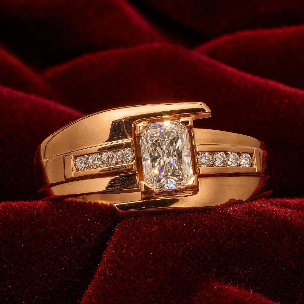 Vessillo Tenace, 1.31 ct tw radiant lab grown diamond men’s ring in rose gold (front view)