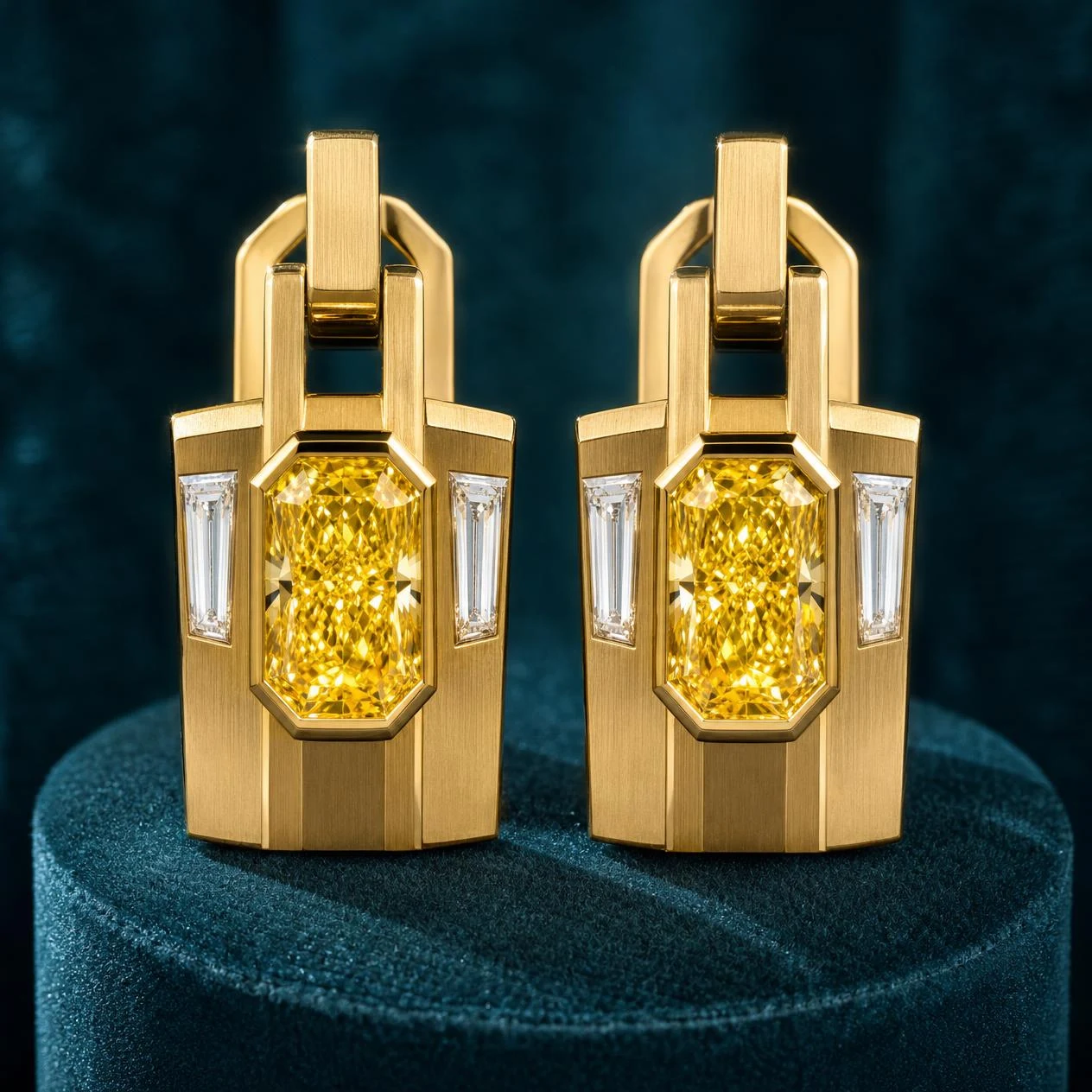 Tuono Saldo, 2 ct tw radiant lab grown diamond men’s earrings in 14K yellow gold (front view)