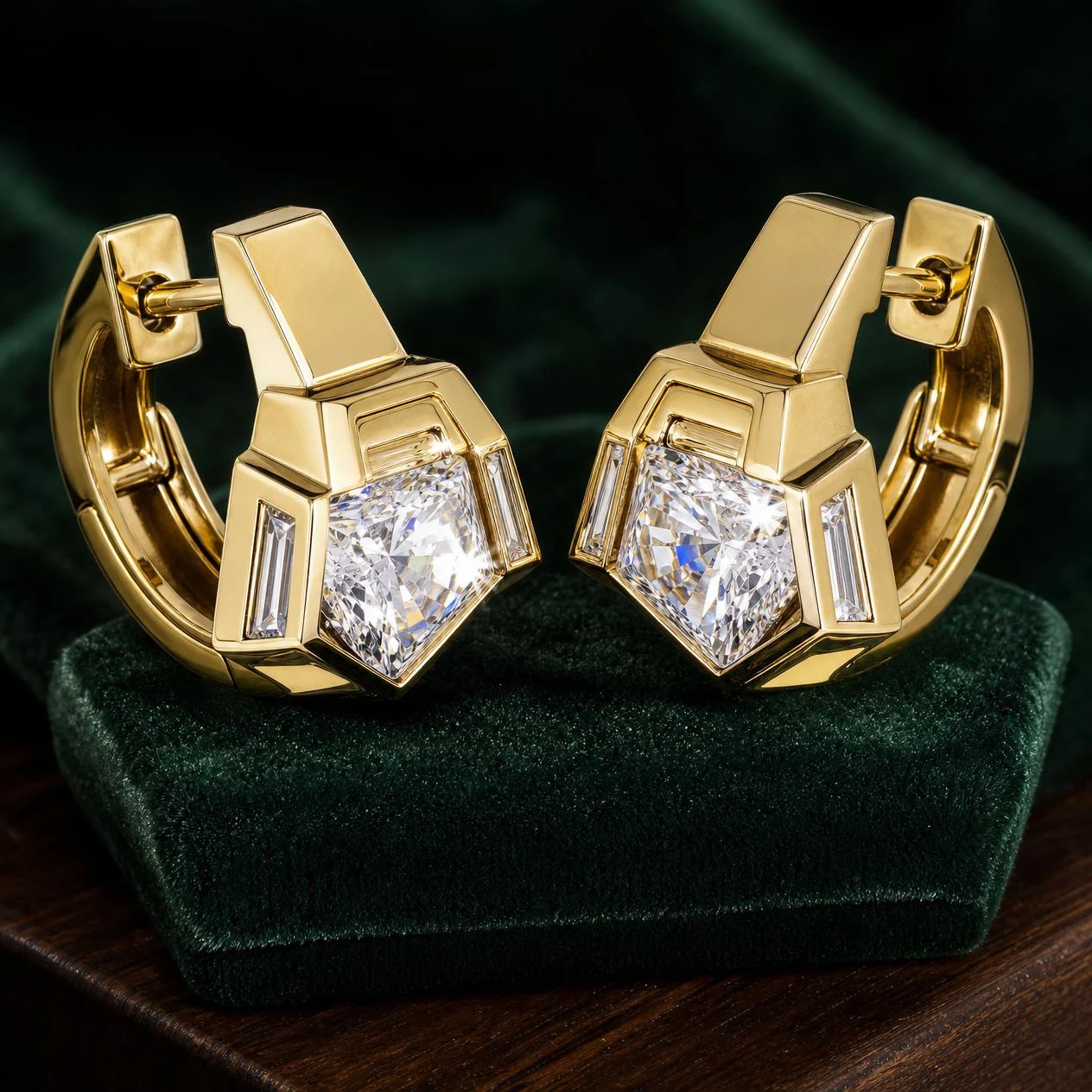 Forte di Bronzo, 2.4 ct tw trillion lab grown diamond men’s earrings in 14K yellow gold (front view)