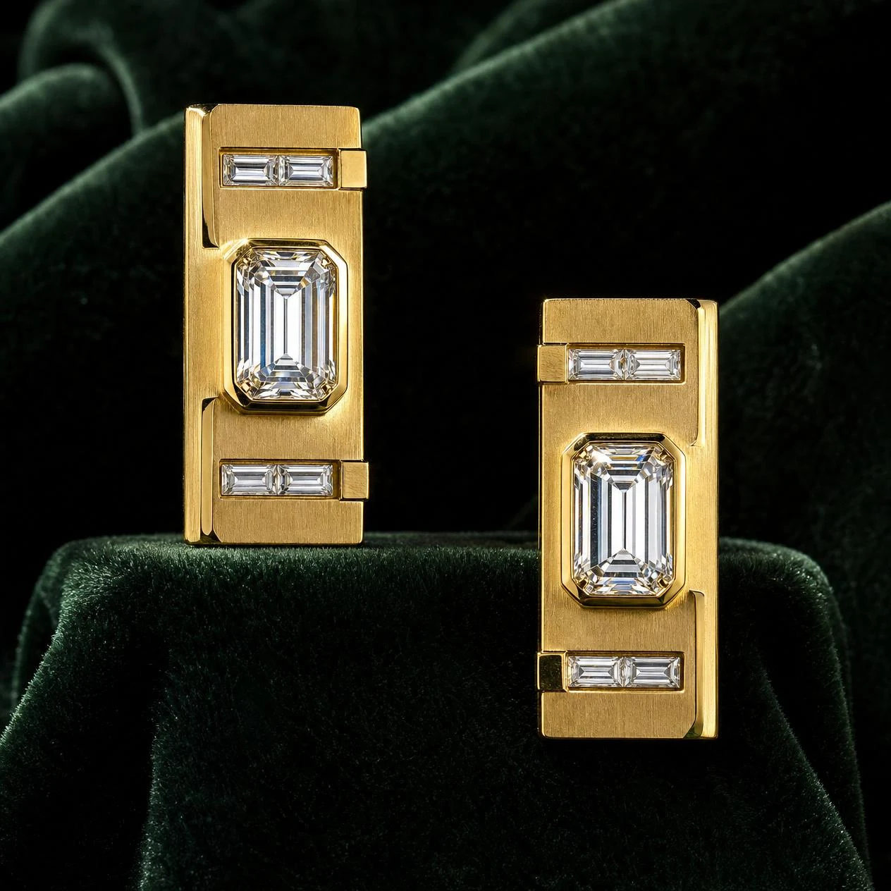 Gladiatore Maestoso, 1.52 ct tw emerald lab grown diamond men’s earrings in 14K yellow gold (front view)