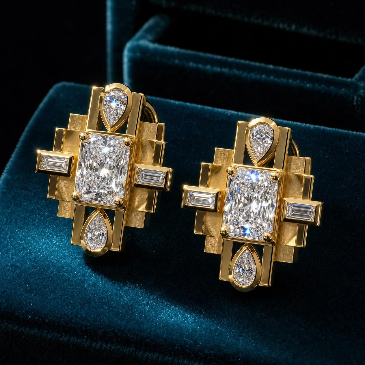 Valore del Sud, 1.64 ct tw radiant lab grown diamond men’s earrings in 14K yellow gold (front view)
