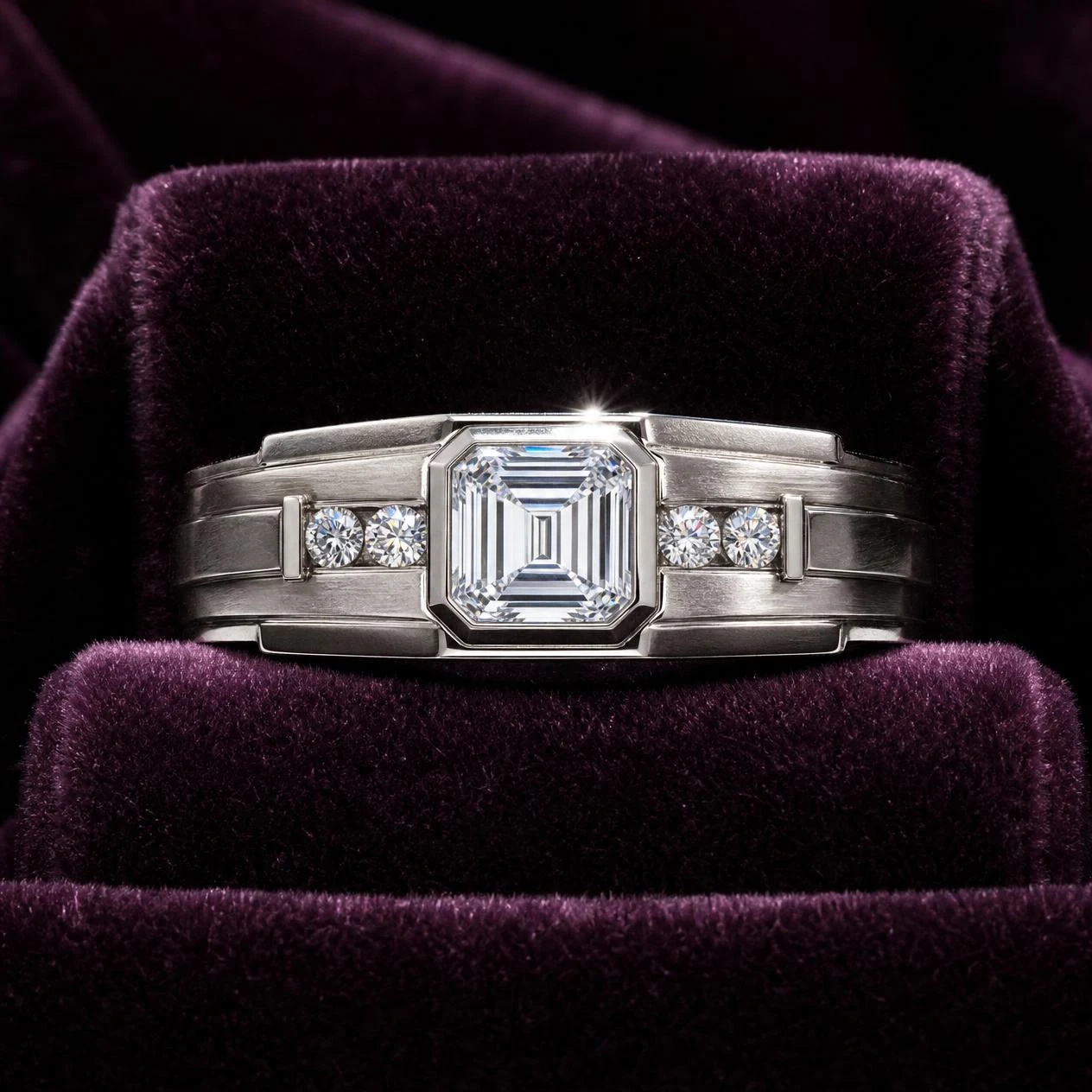 Pellegrino Tenace, 1.13 ct tw emerald lab grown diamond men’s ring in 14K white gold (front view)