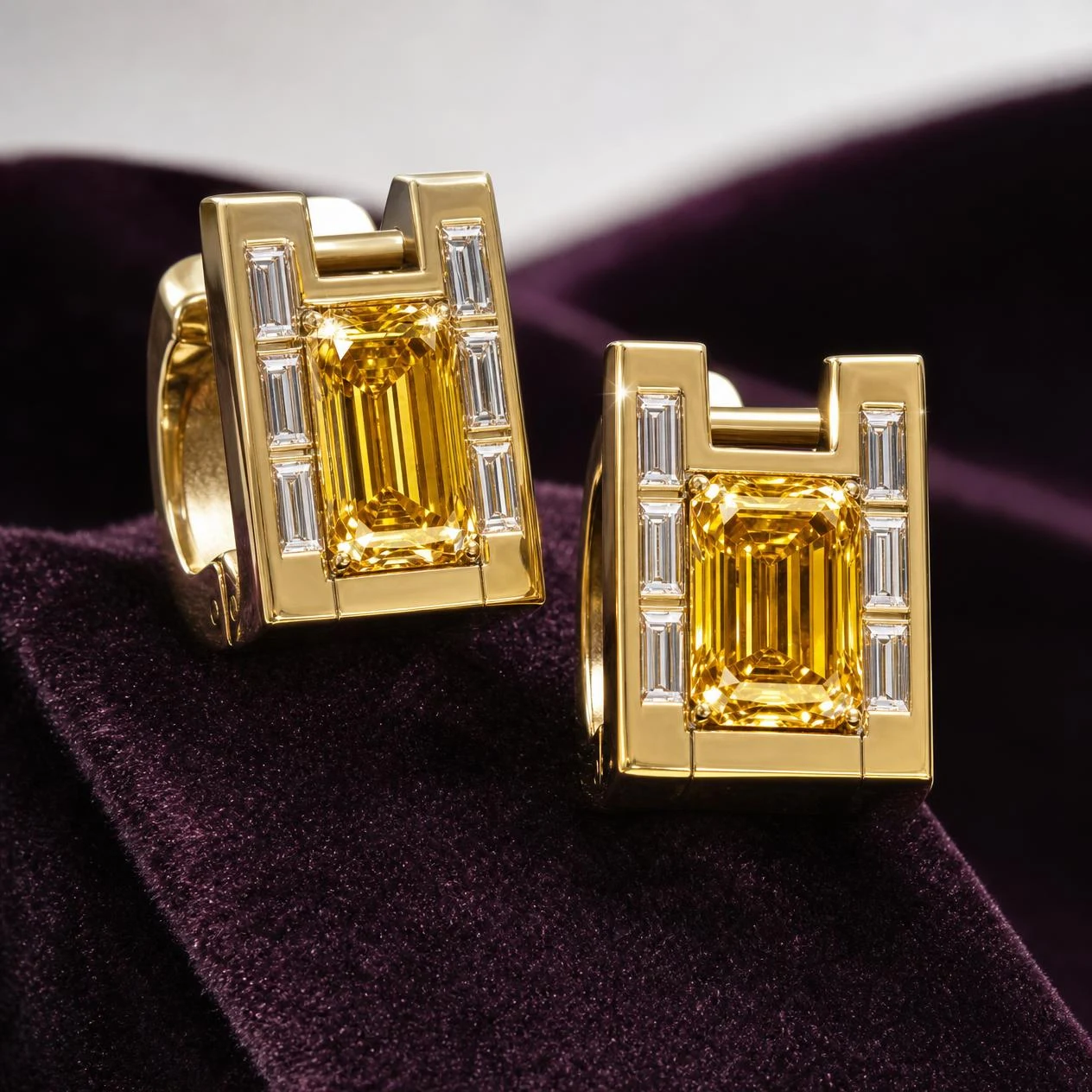 Lancia Oscuro, 2.04 ct tw emerald lab grown diamond men’s earrings in 14K yellow gold (front view)