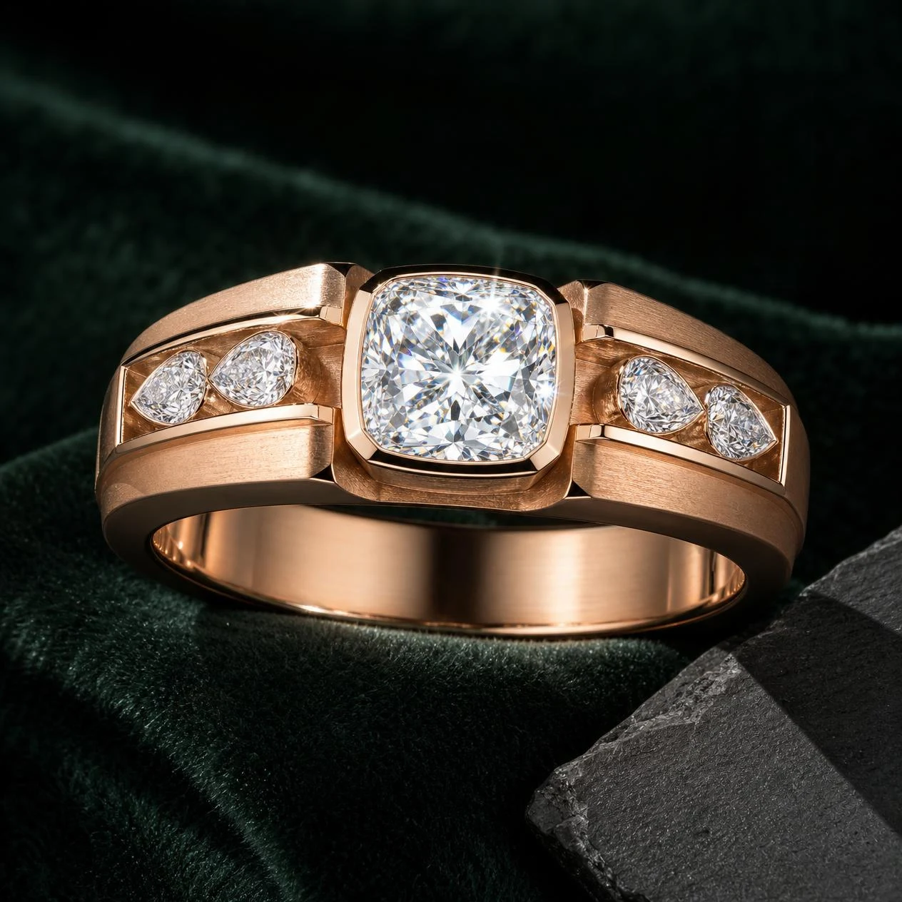 Meridiano Antico, 0.84 ct tw cushion lab grown diamond men’s ring in rose gold (front view)