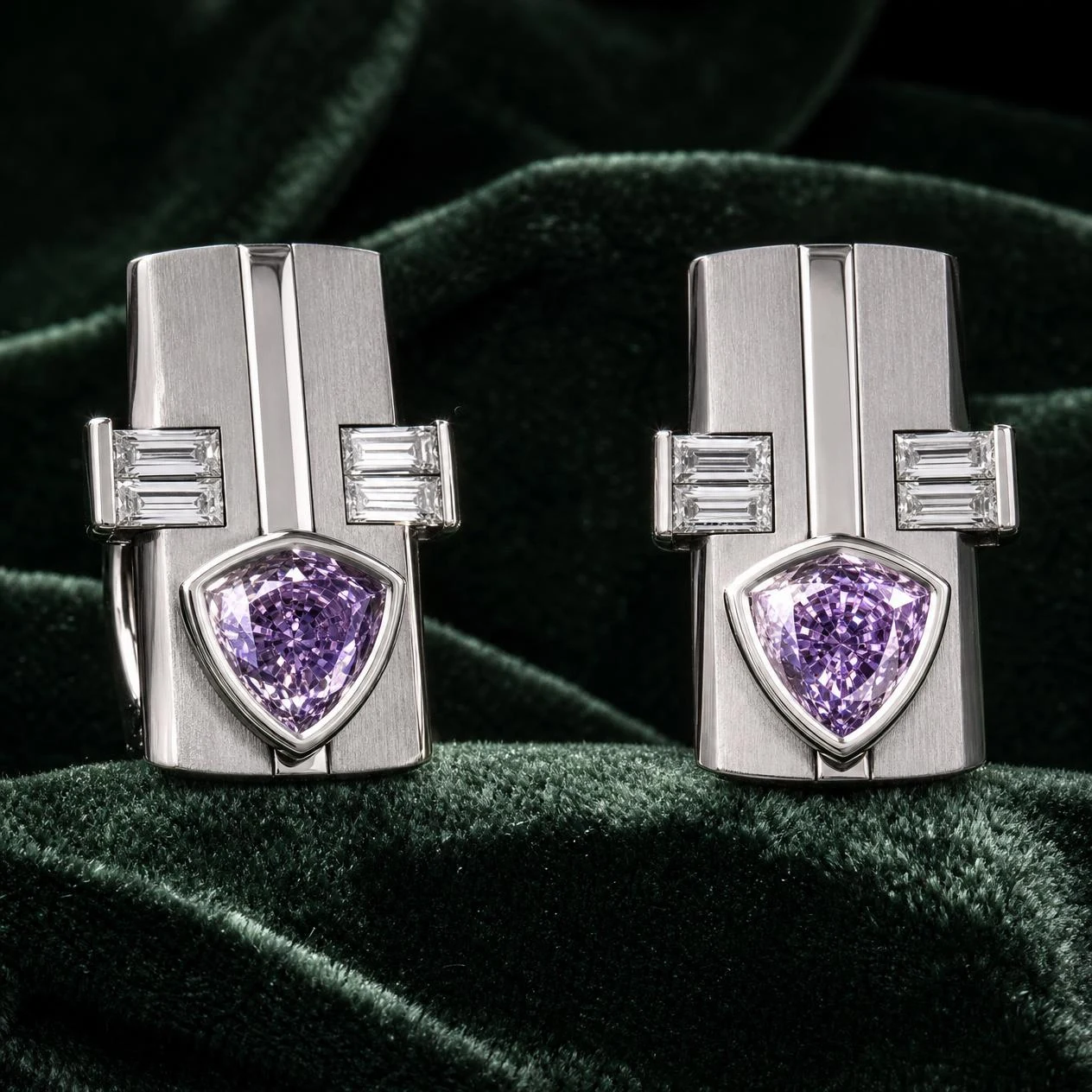 Lancia Sovrano, 2.52 ct tw trillion lab grown diamond men’s earrings in 14K white gold (front view)