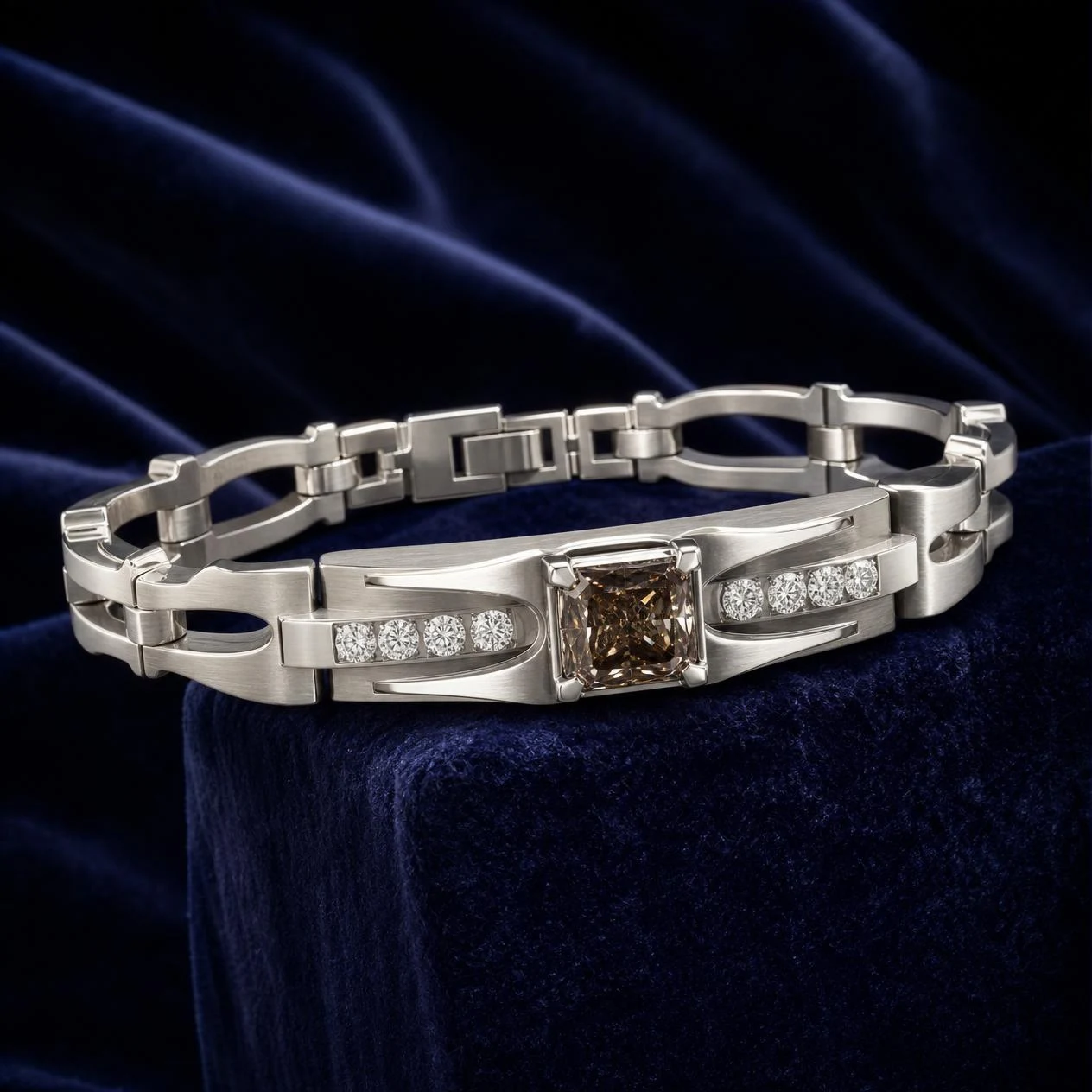 Sentinella Indomito, 1.55 ct tw radiant lab grown diamond men’s bracelet in 14K white gold (front view)