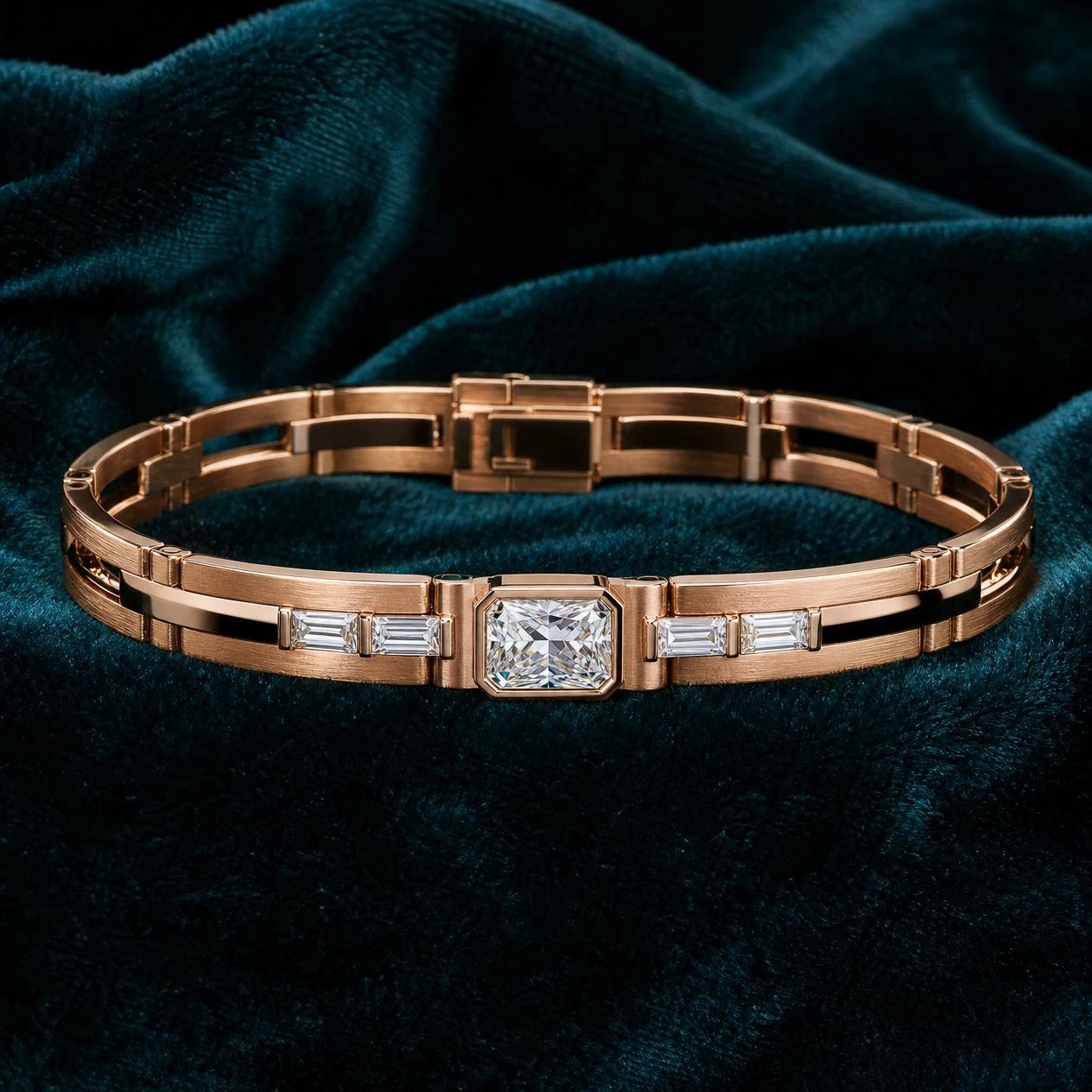 Principe Imperiale, 1.4 ct tw radiant lab grown diamond men’s bracelet in rose gold (front view)