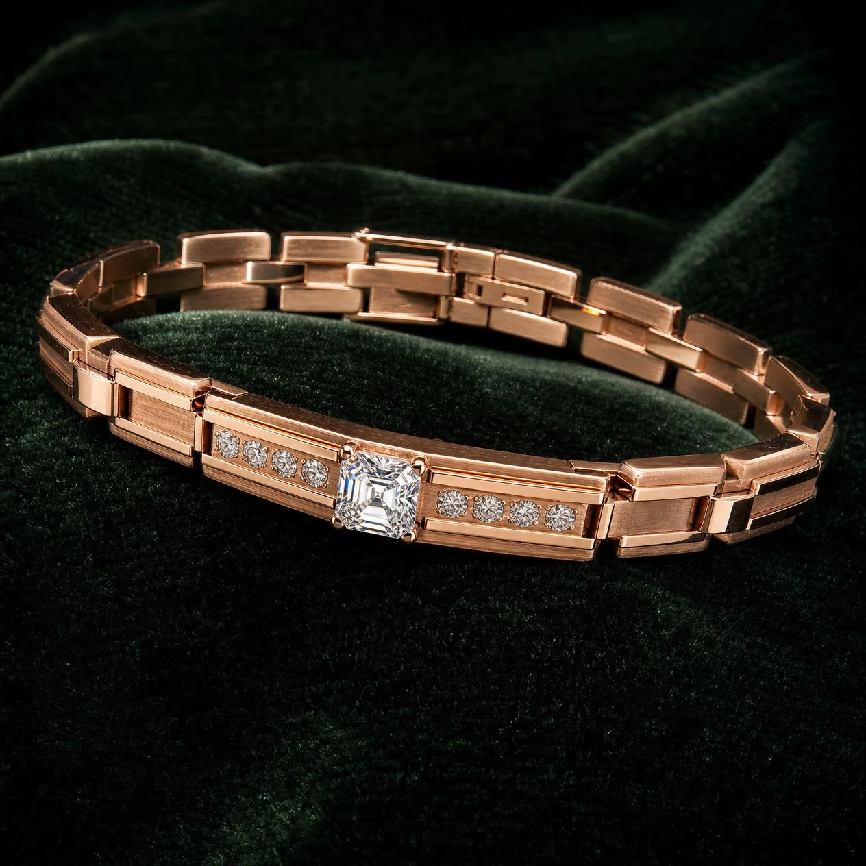 Gladiatore Supremo, 1.23 ct tw asscher lab grown diamond men’s bracelet in rose gold (front view)