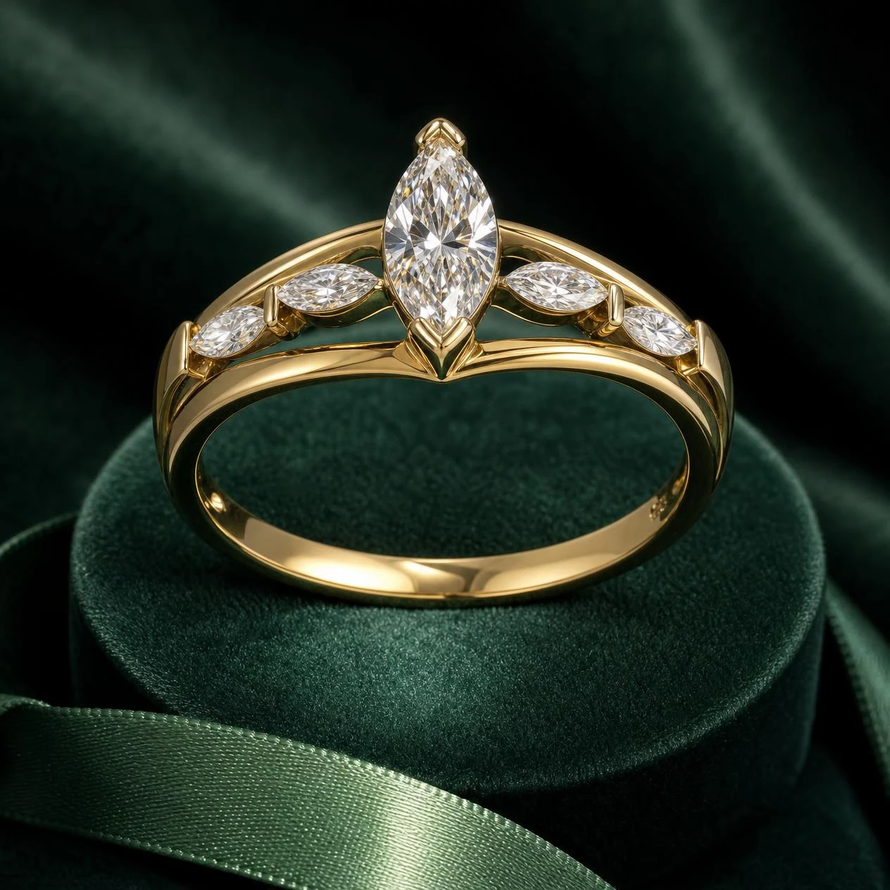 Douce Fiorente, 1.2 ct tw marquise lab grown diamond ring in 14K yellow gold (front view)