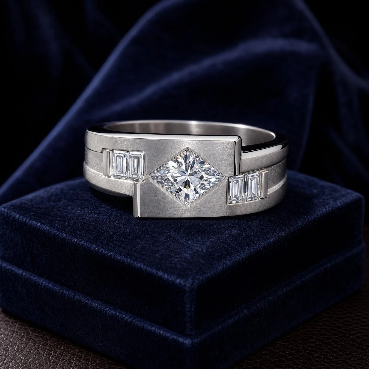 Scoglio d'Acciaio, 1.3 ct tw kite lab grown diamond men’s ring in 14K white gold (front view)