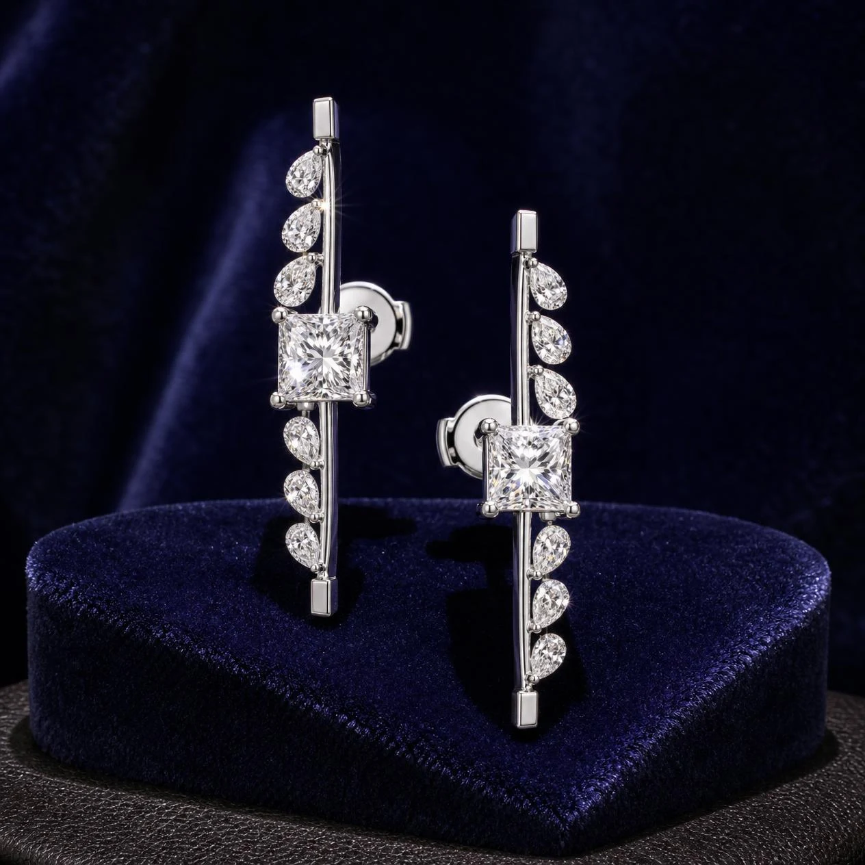 Ponente d'Occidente, 1.7 ct tw princess lab grown diamond men’s earrings in 14K white gold (front view)