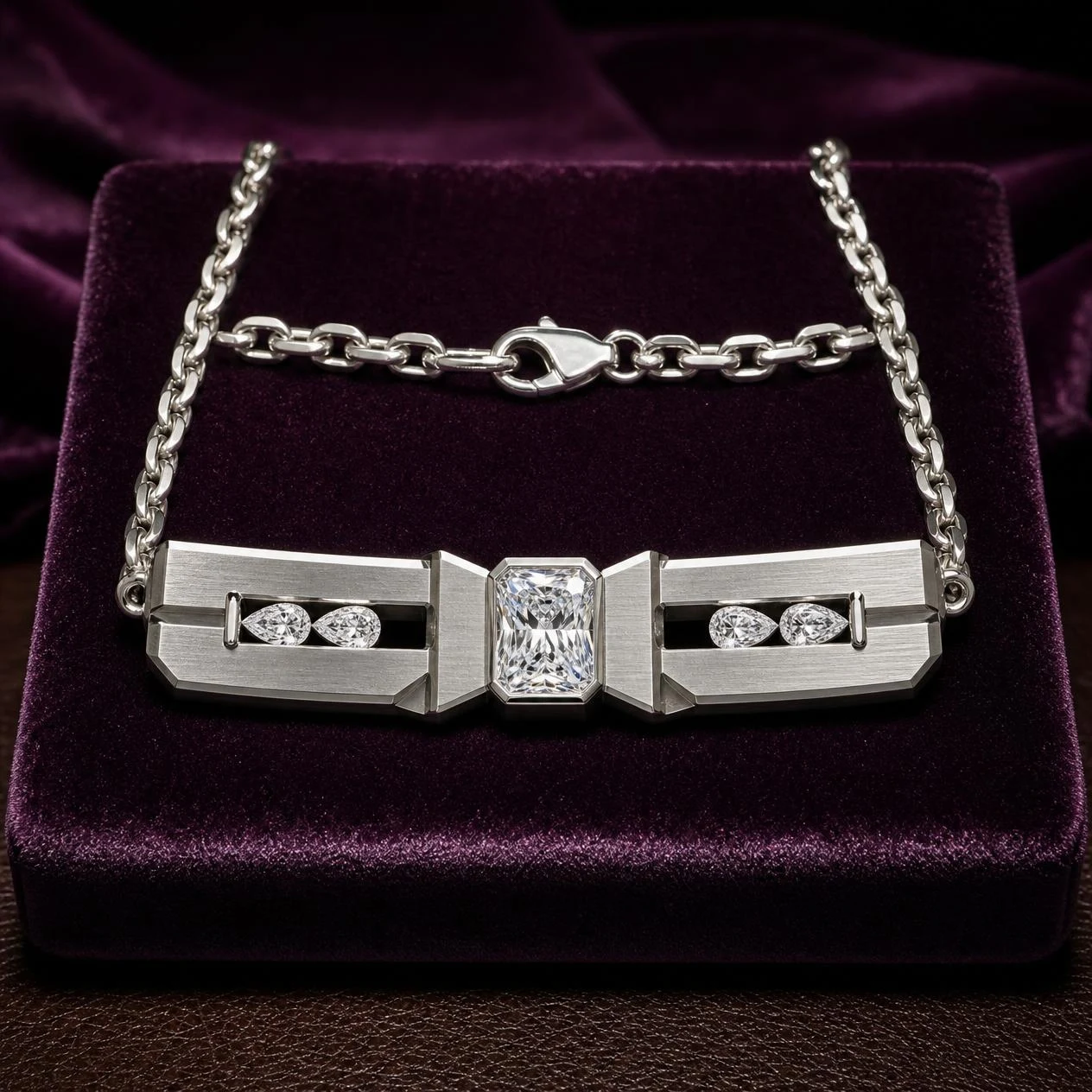Comandante Imperiale, 0.75 ct tw radiant lab grown diamond men’s necklace in 14K white gold (front view)