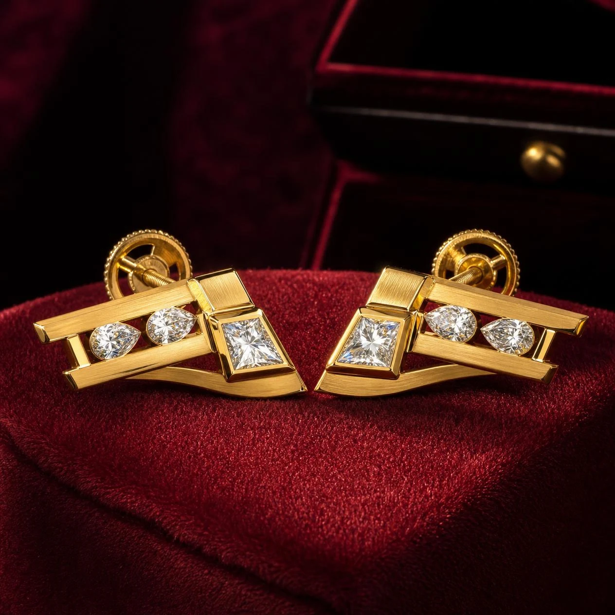 Senatore d'Acciaio, 1.88 ct tw princess lab grown diamond men’s earrings in 14K yellow gold (front view)