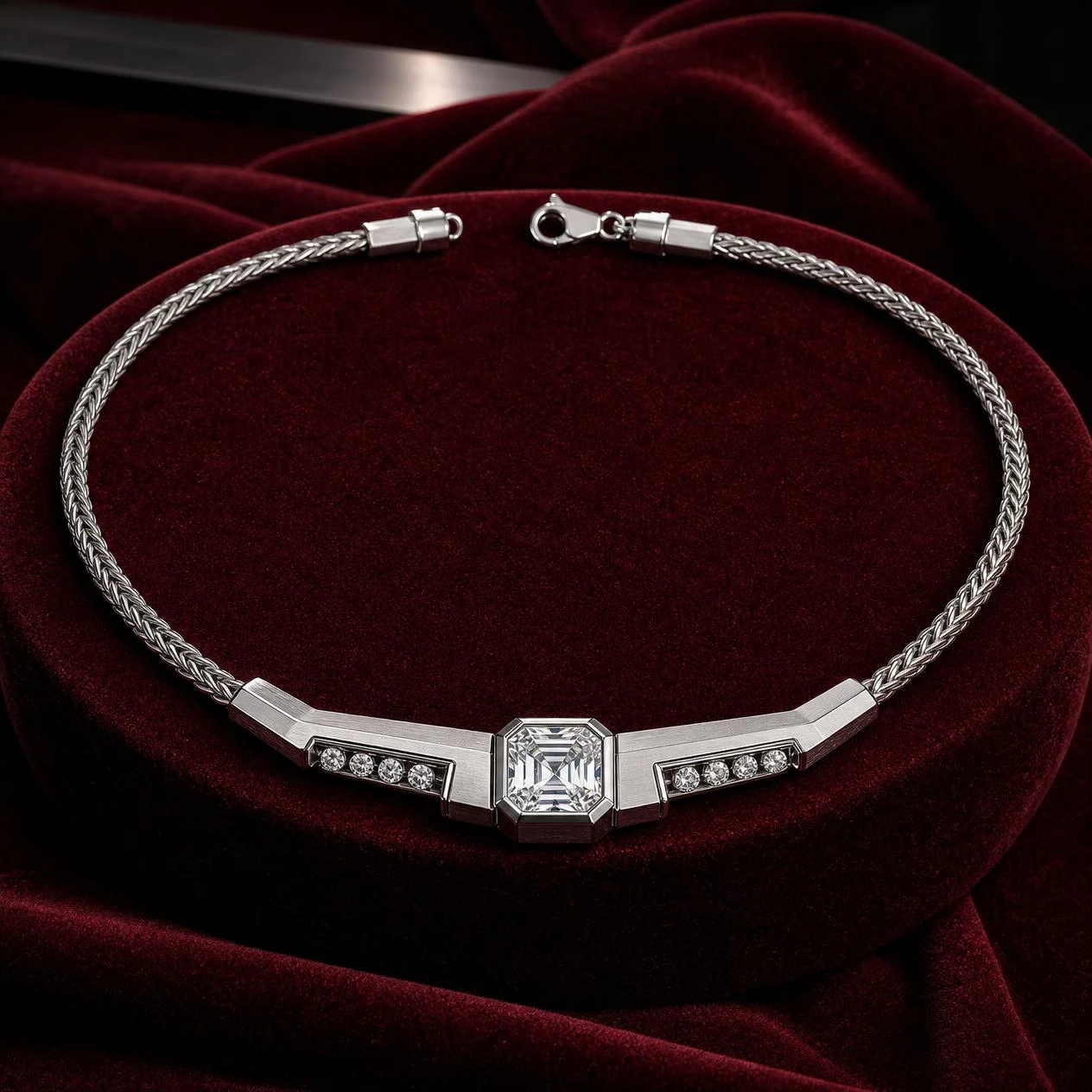Sentinella Oscuro, 1.29 ct tw asscher lab grown diamond men’s necklace in 14K white gold (front view)