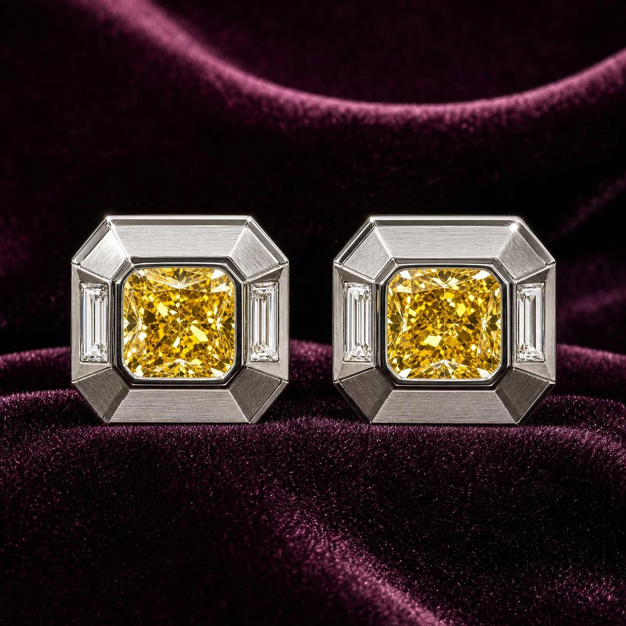 Arciere Supremo, 1.8 ct tw cushion lab grown diamond men’s earrings in 14K white gold (front view)
