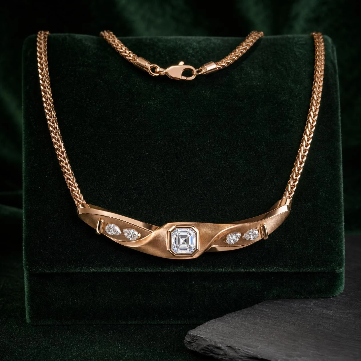 Quercia Eterno, 1.02 ct tw asscher lab grown diamond men’s necklace in rose gold (front view)