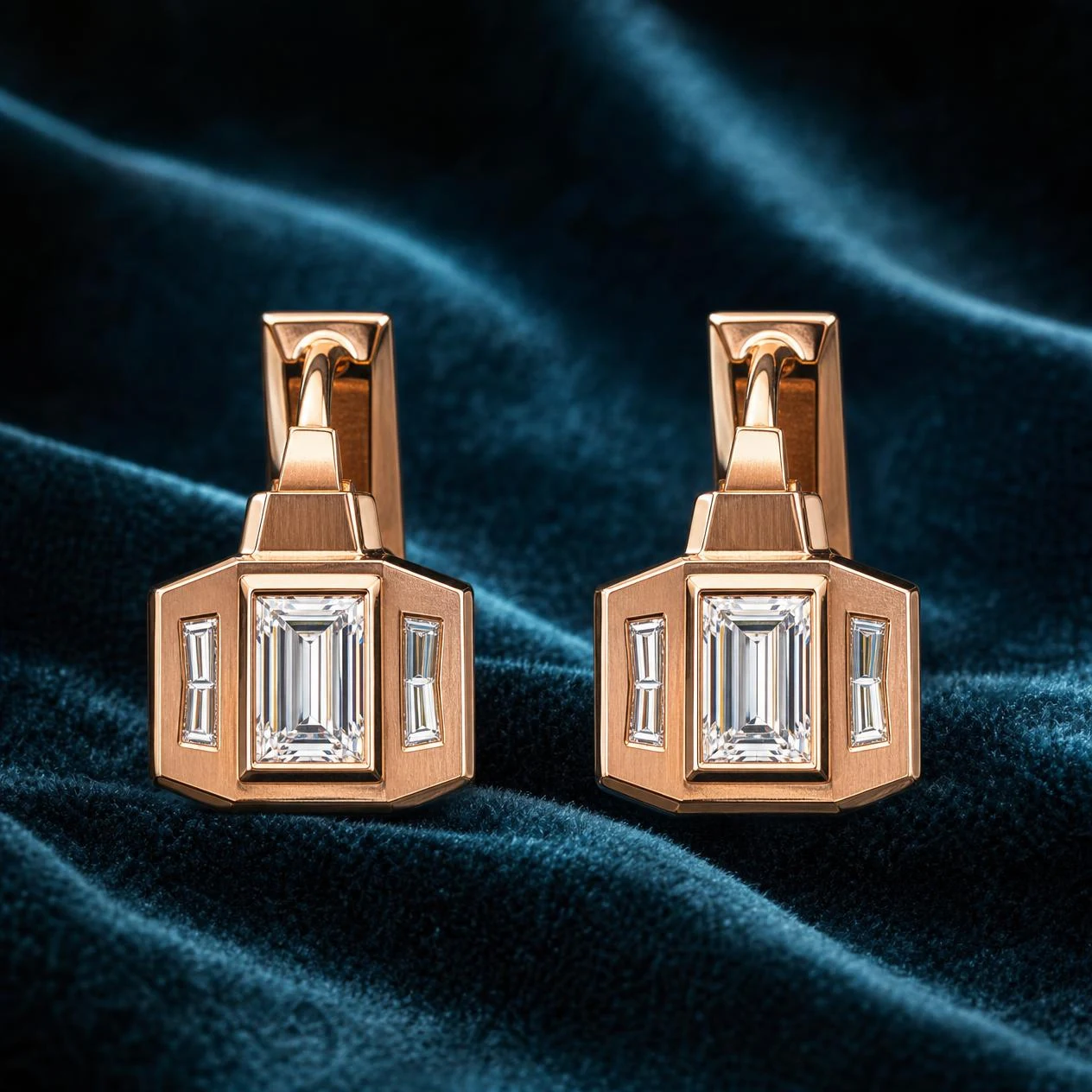 Signore Solenne, 1.36 ct tw baguette lab grown diamond men’s earrings in rose gold (front view)