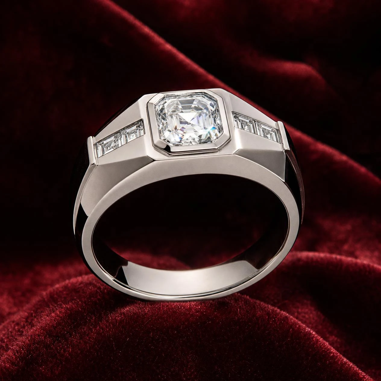 Scoglio Nero, 1.15 ct tw asscher lab grown diamond men’s ring in 14K white gold (front view)