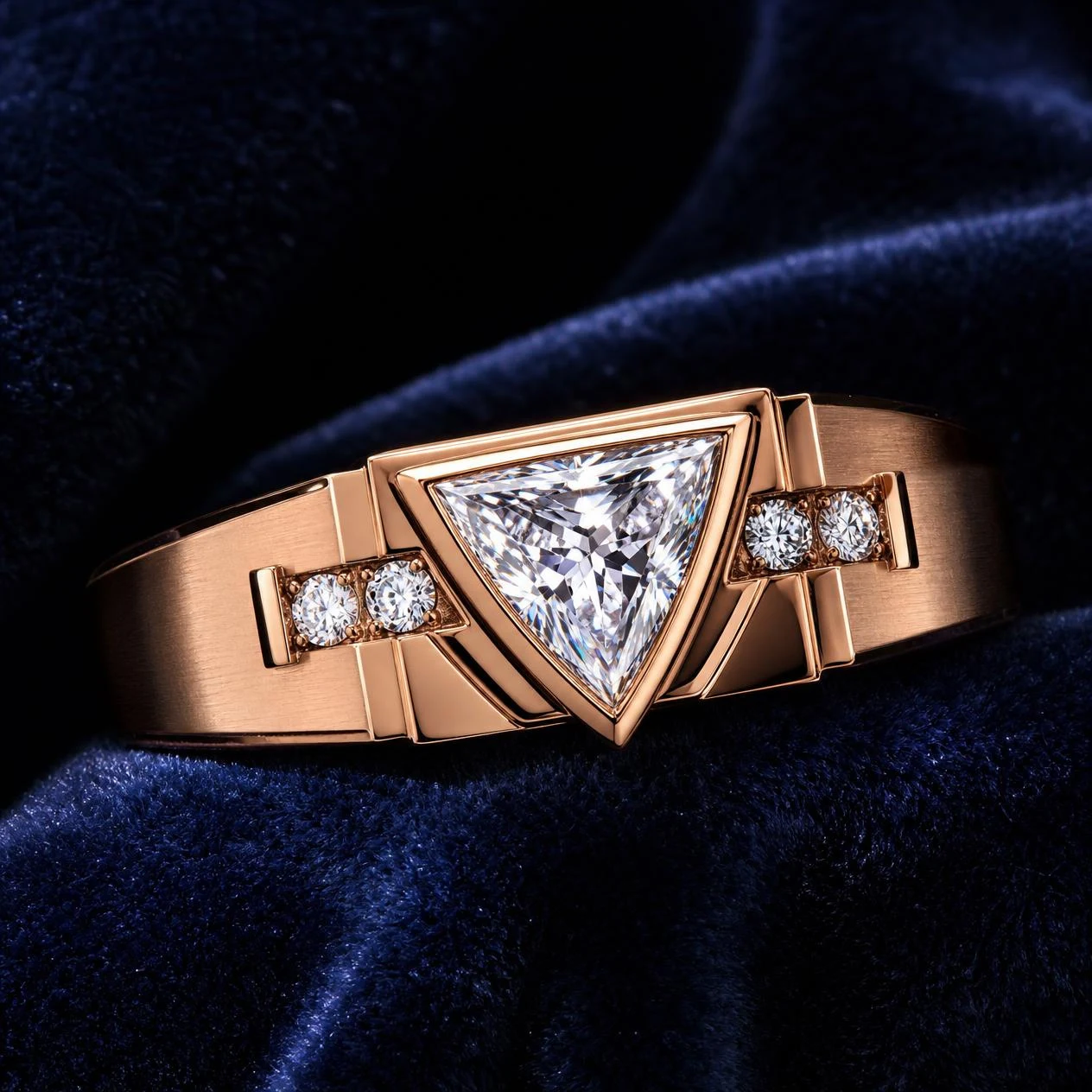 Meridiano Nero, 1.11 ct tw trillion lab grown diamond men’s ring in rose gold (front view)