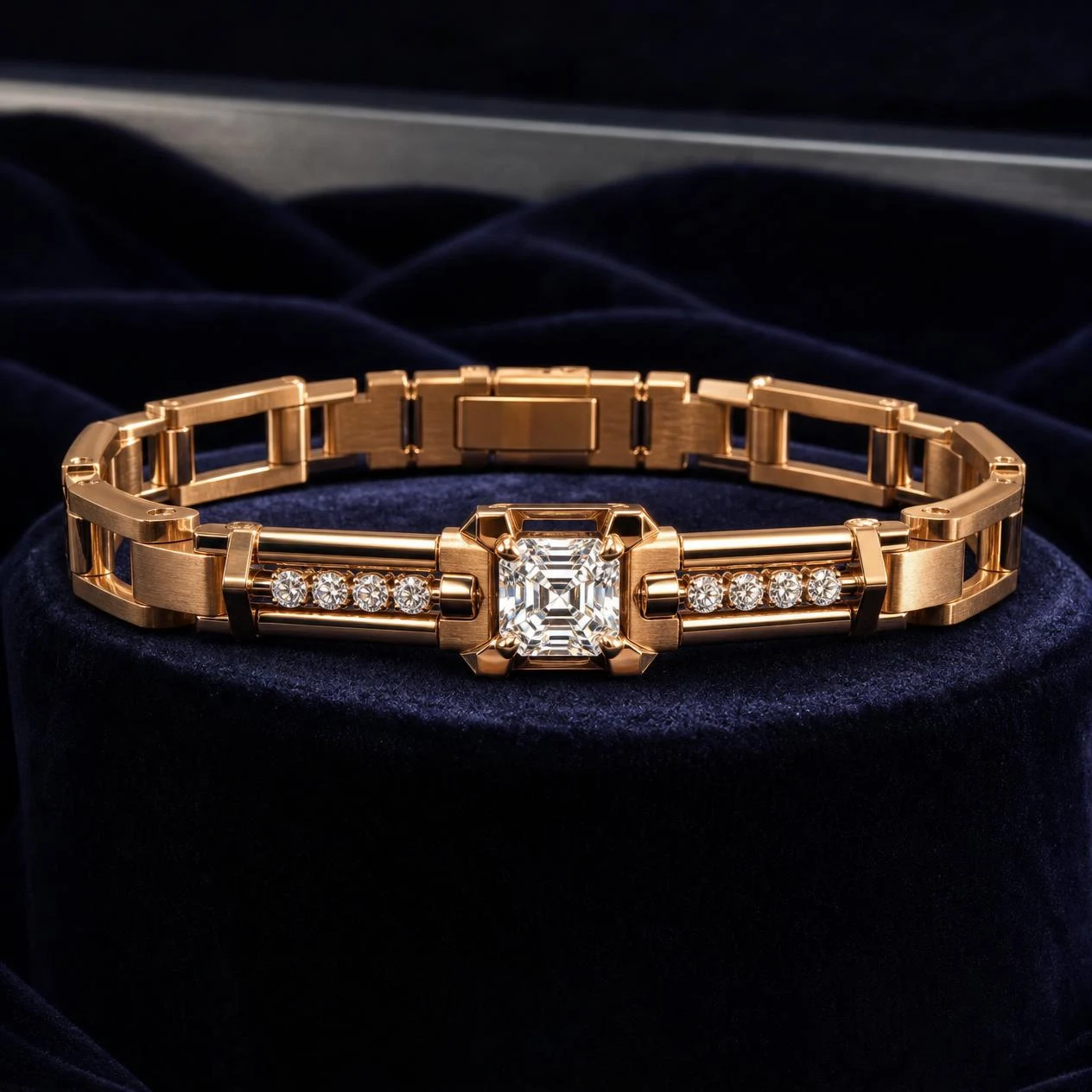 Gladiatore Fiero, 1.39 ct tw asscher lab grown diamond men’s bracelet in rose gold (front view)