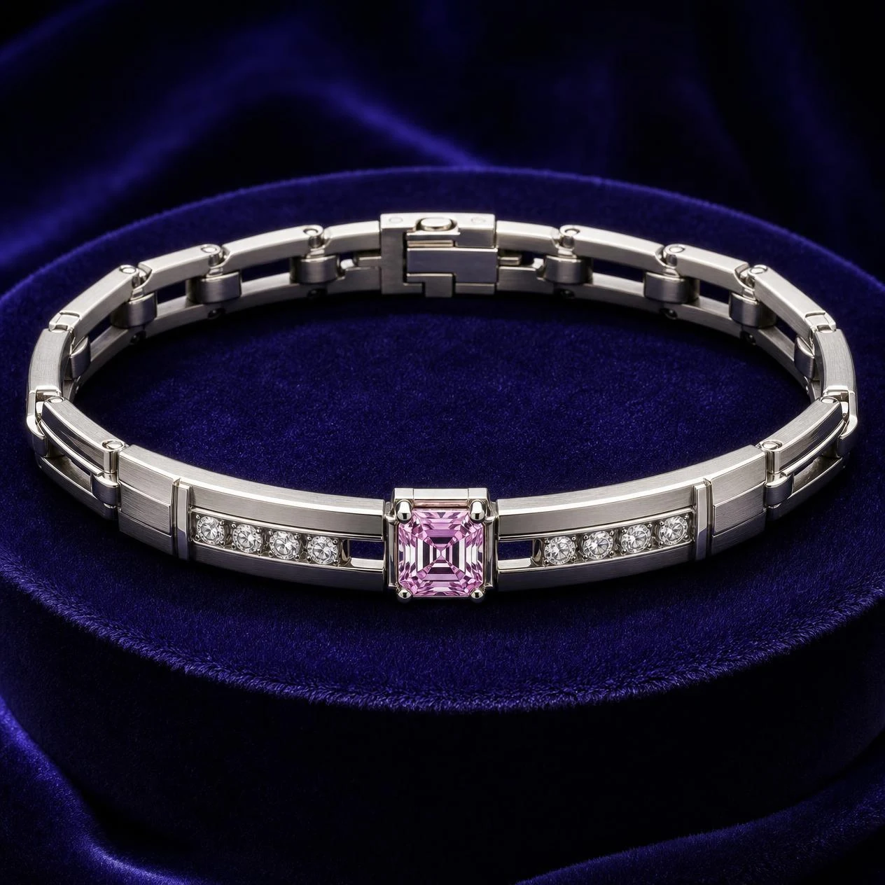 Cedro d'Acciaio, 1.39 ct tw asscher lab grown diamond men’s bracelet in 14K white gold (front view)