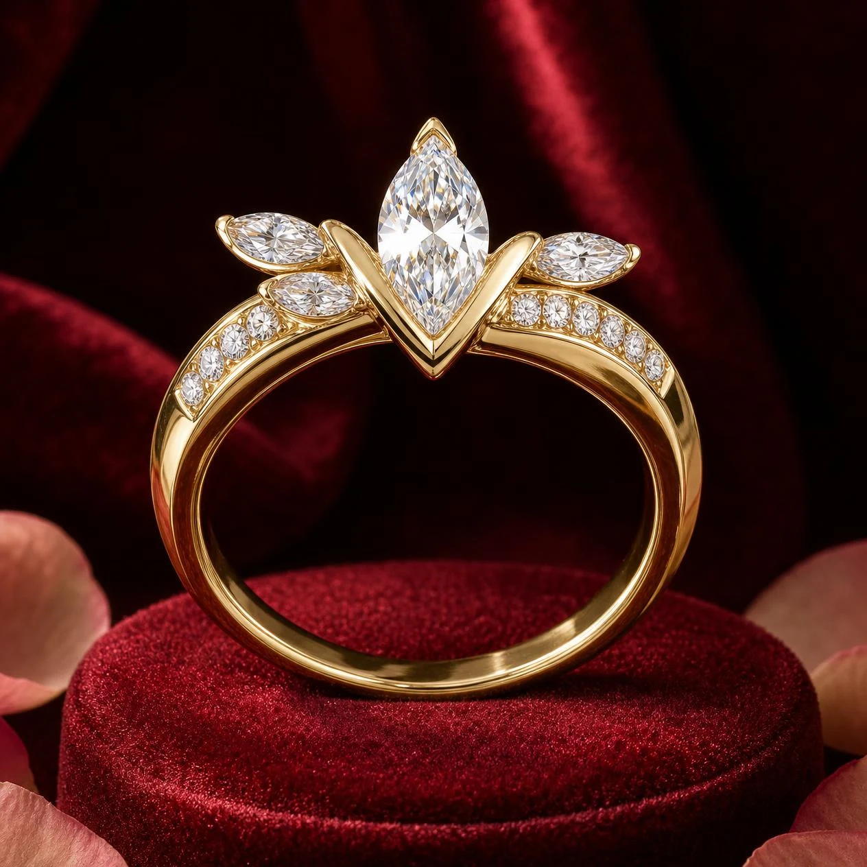 Alba d'Inverno, 0.88 ct tw marquise lab grown diamond ring in 14K yellow gold (front view)