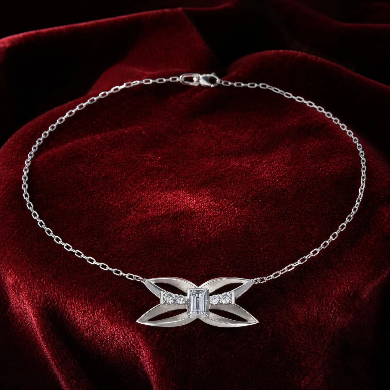 Neve Celata, 1.02 ct tw baguette lab grown diamond necklace in 14K white gold (front view)